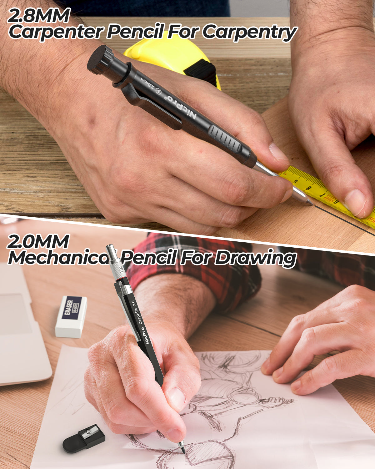Nicpro 27 Pack Carpenter Pencils for Woodworking, Construction Mechanical Pencil with 100 Refill, Automatic Center Punch and Carbide Scribe Carpenter Tool, Construction Pencil