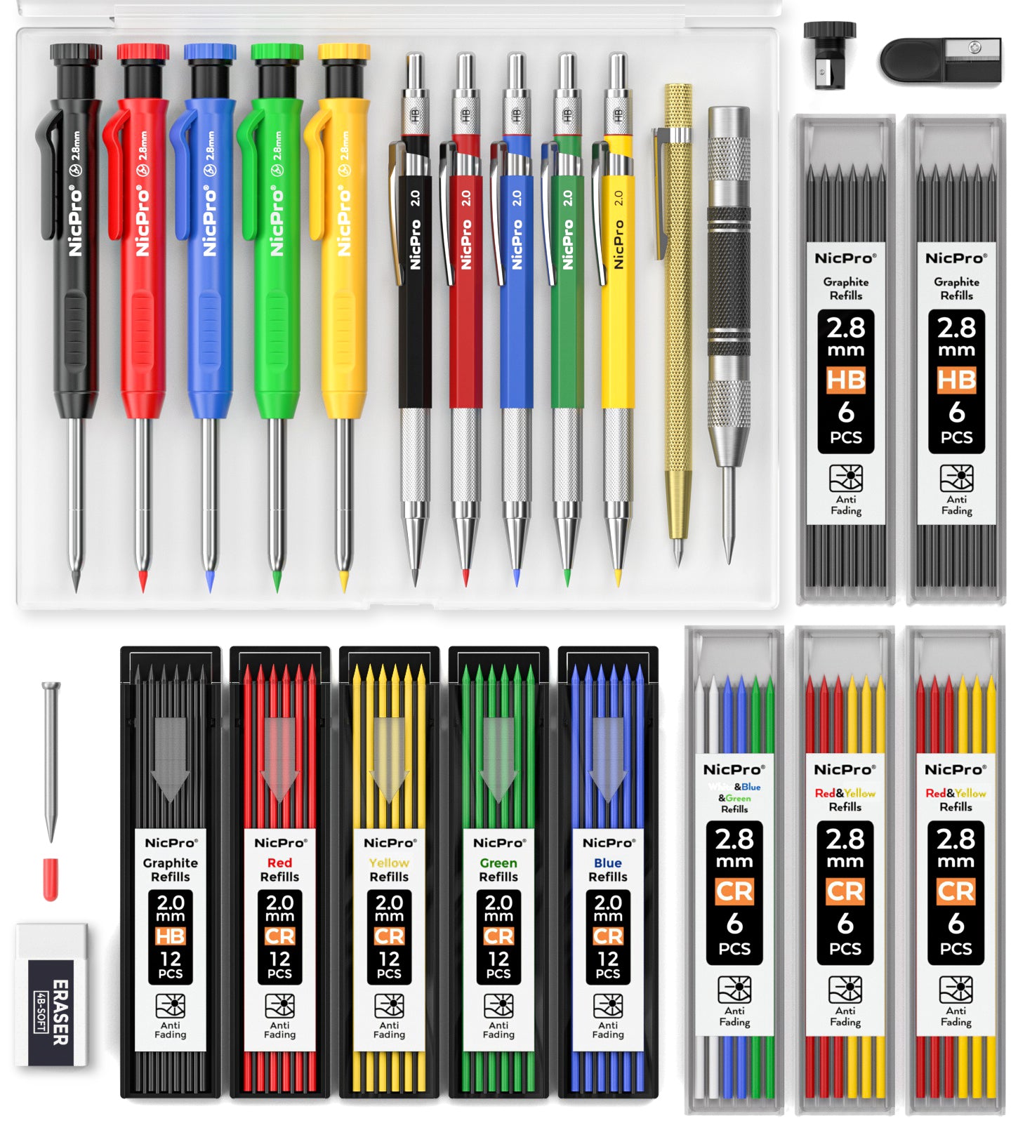 Nicpro 27 Pack Carpenter Pencils for Woodworking, Construction Mechanical Pencil with 100 Refill, Automatic Center Punch and Carbide Scribe Carpenter Tool, Construction Pencil