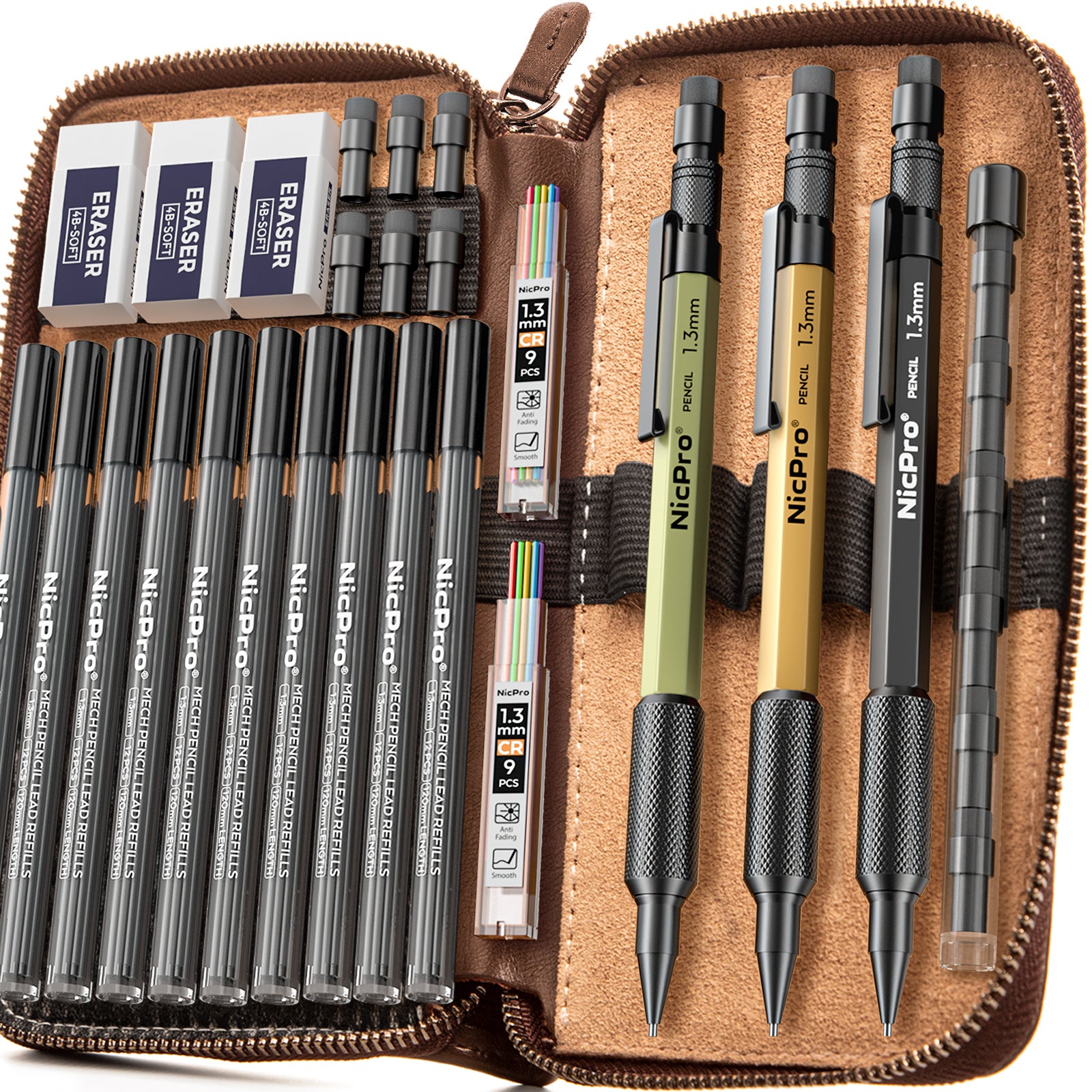 Nicpro 21PCS 1.3 mm Mechanical Pencil Set in Leather Bag with 138 Lead
