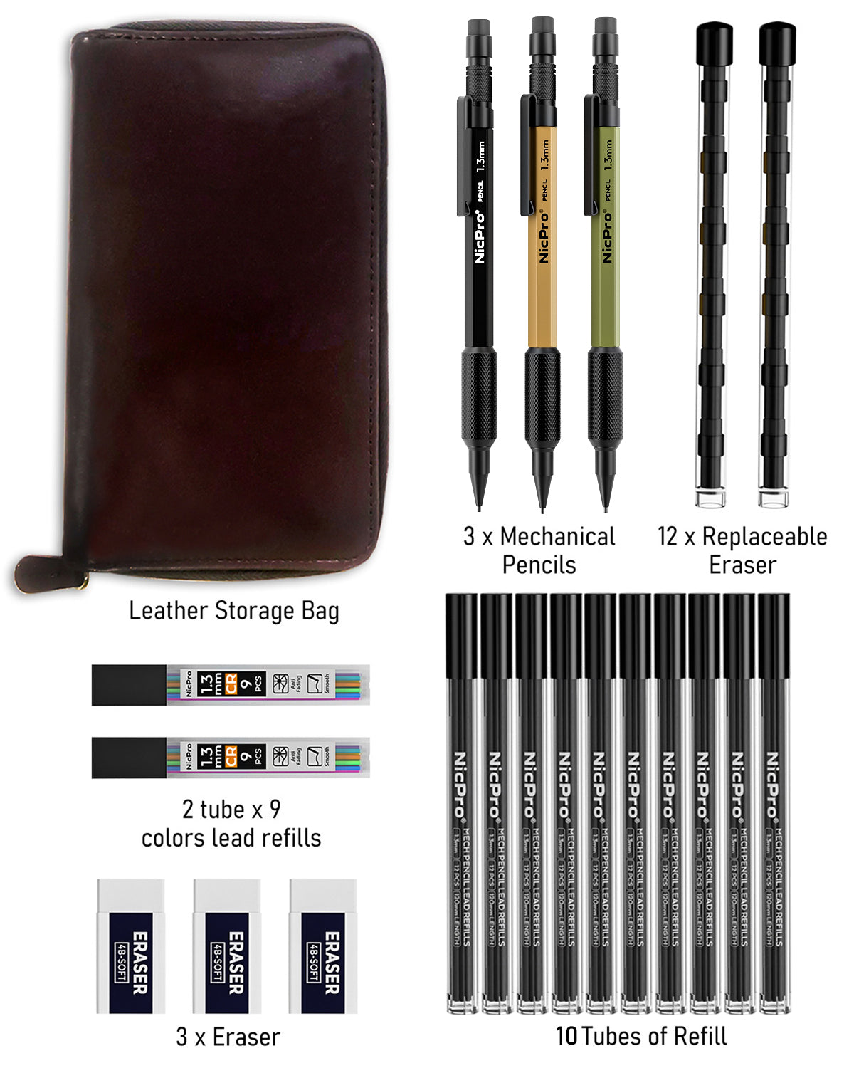 Nicpro 21PCS 1.3 mm Mechanical Pencil Set in Leather Bag with 138 Lead Refill Black & Colors, Erasers- Weatherproof Metal Heavy Duty Carpenter Pencil for Outdoor Drafting Marking Drawing Woodworking