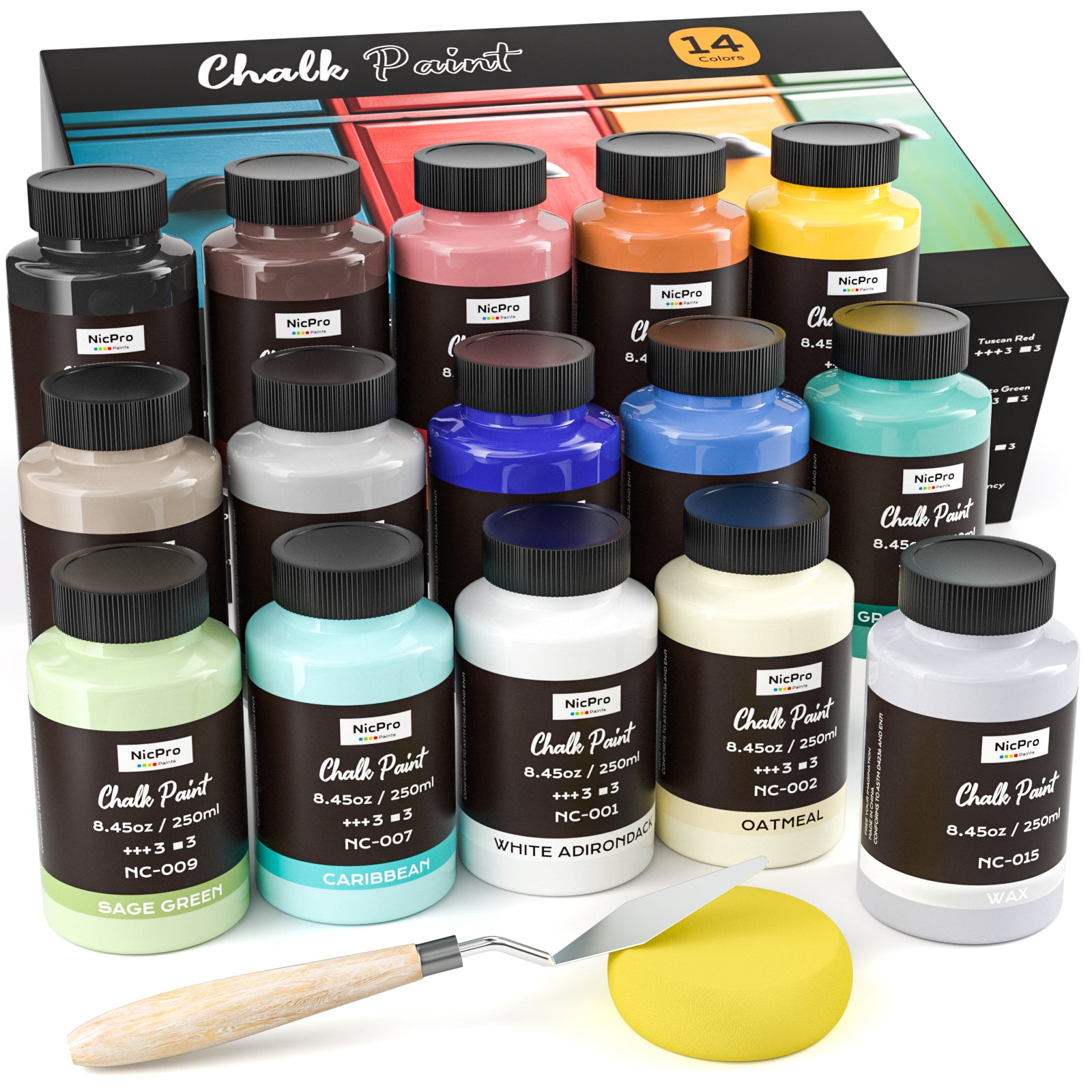 Nicpro 14 Colors Chalk Paint for Furniture, Ultra Matte Finish Acrylic Craft Paint Set (8.45 oz, 250ml) Chalk Furniture Paints with Liquid Wax, Color Wheel for Crafts, Home Decor, Beginner and Artists