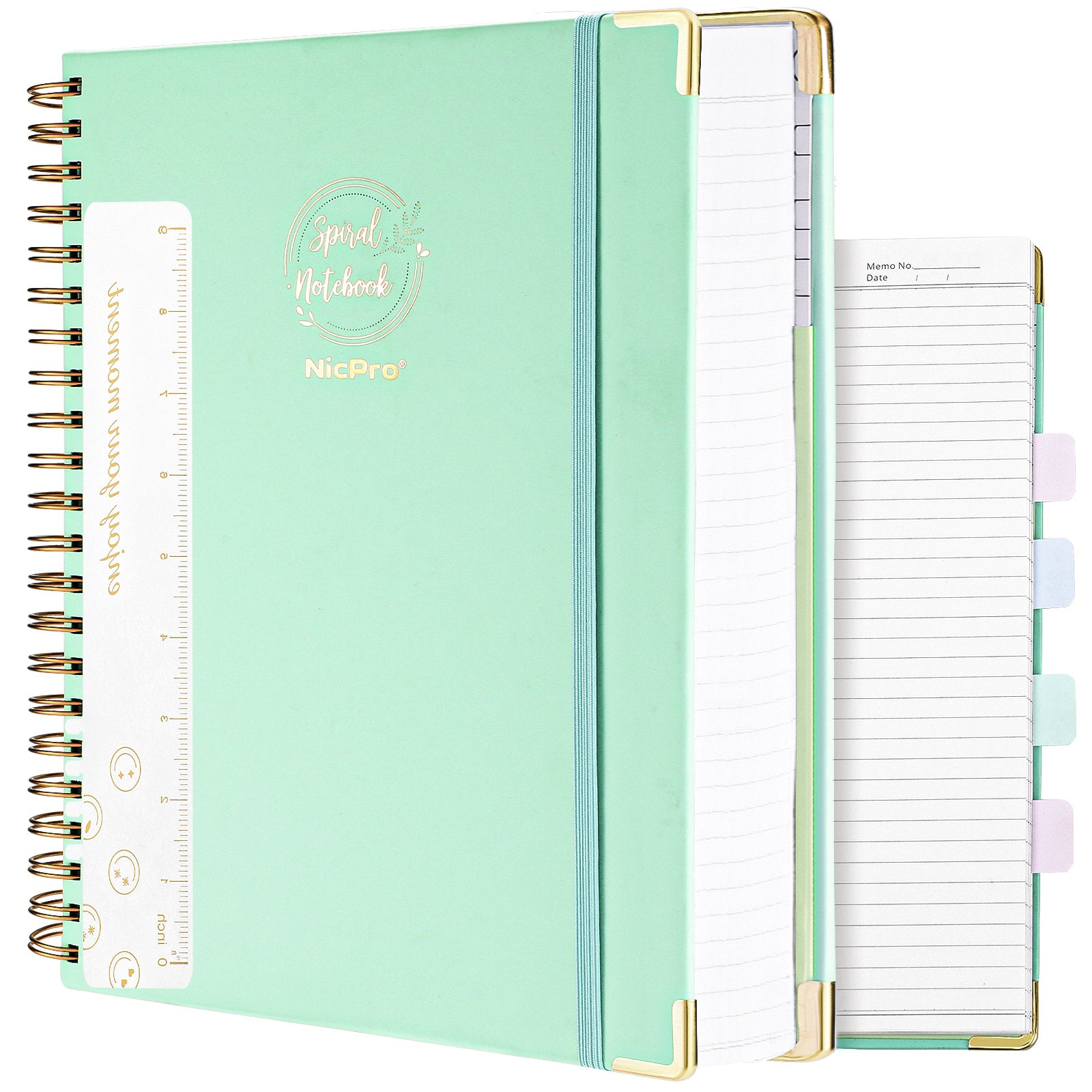 Nicpro Spiral Notebook 8.5"x 11", 300 Pages Leather Hardcover NoteBook Journals, Sea Green Coil College Ruled Notebook with 60pcs Index Tabs for Women Men, A4 Large Lined Journal with 100 GSM Thick Paper for Work School Note Taking Business