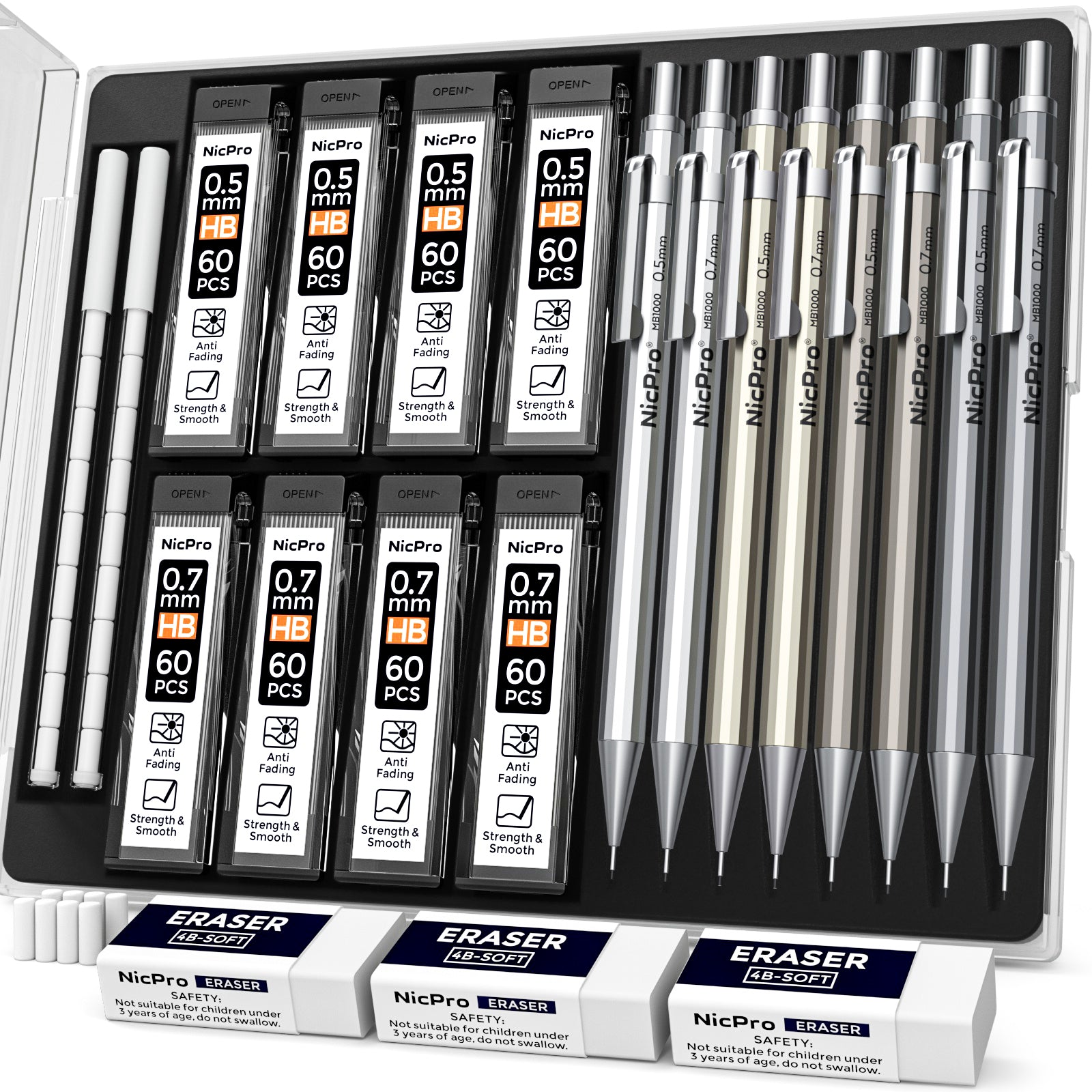 Nicpro 6PCS Mechanical Pencils Set, Cool Metal Drafting Pencil Bulk 0.5 & 0.7 mm With HB Lead Refills, Erasers Come With Case
