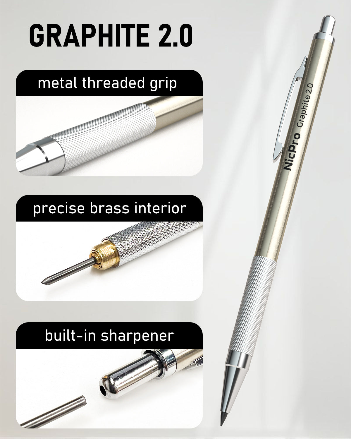 Nicpro 5 PCS Metal Mechanical Pencil Set in Case, Drafting Pencils 0.3 & 0.5 & 0.7 & 0.9 mm & 2mm Lead Pencil Holders (4B 2B HB 2H) Lead Refills(Black & Colors), Erasers For Art Sketching Drawing
