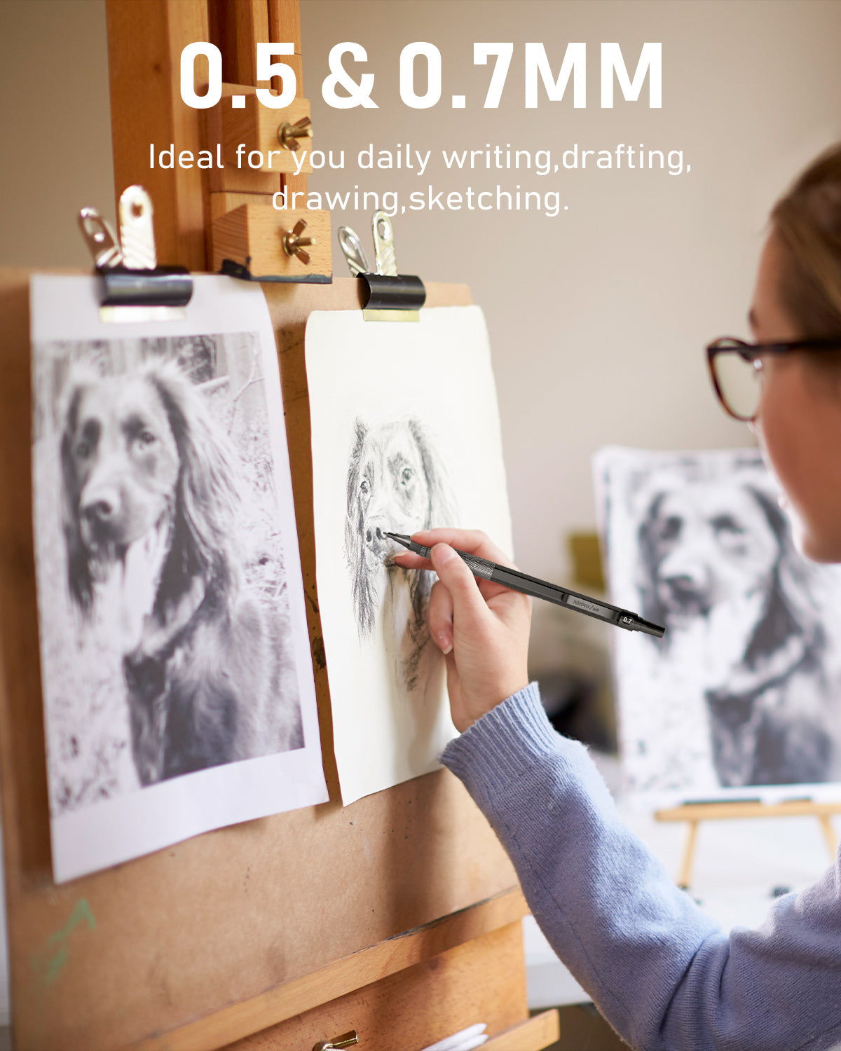 Nicpro 2 PCS Mechanical Pencils 0.5mm & 0.7 mm with Case, MP1000 Metal Artist Pencil Set with 6 Tubes HB Lead Refills, 3 Erasers, 9 Eraser Refills For Art Writing Drafting Drawing, Black & Silver