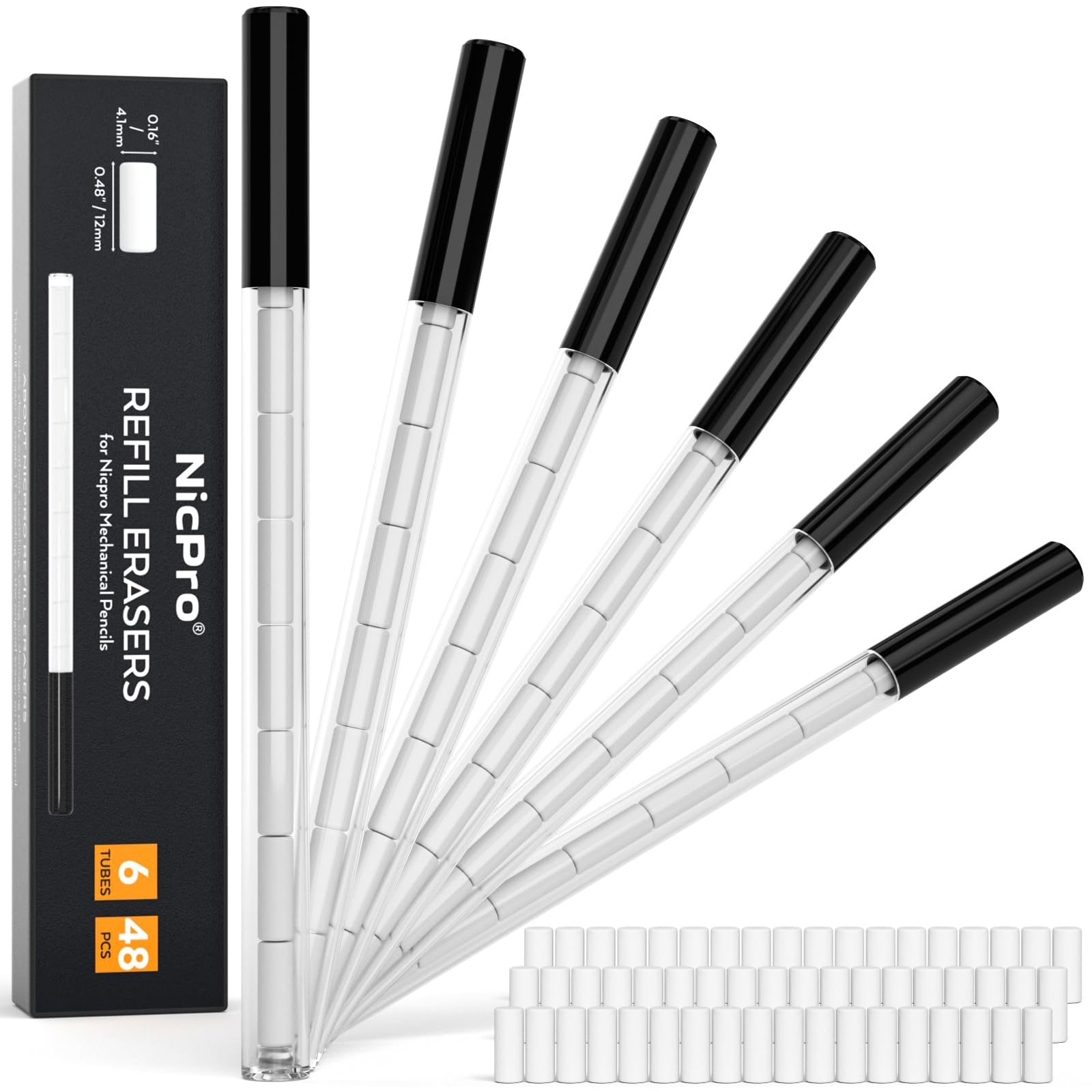 Nicpro 48PCS Refill Erasers for Mechanical Pencil, 6 Tubes Top Erasers, Widely Available for Nicpro Mechanical Pencil, Easy to Clean Without Scratching Paper (0.16" × 0.48")