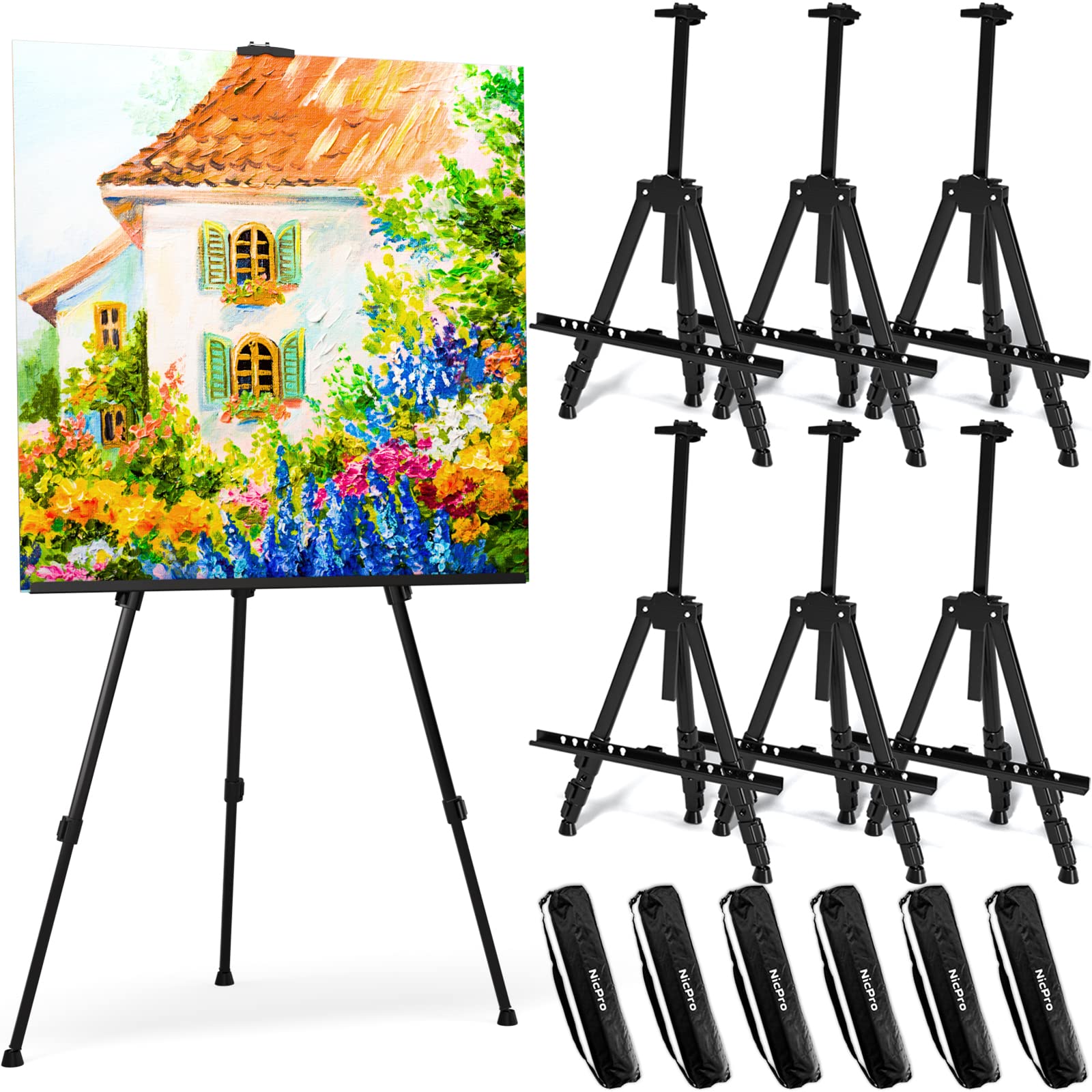 6 Pack Portable Artist Easel Stand for Painting, Nicpro Adjustable Height Painting Easel for Adults, Tabletop Art Drawing Easels for Painting Canvas, Black Easels for Display,Posters, Wedding Signs