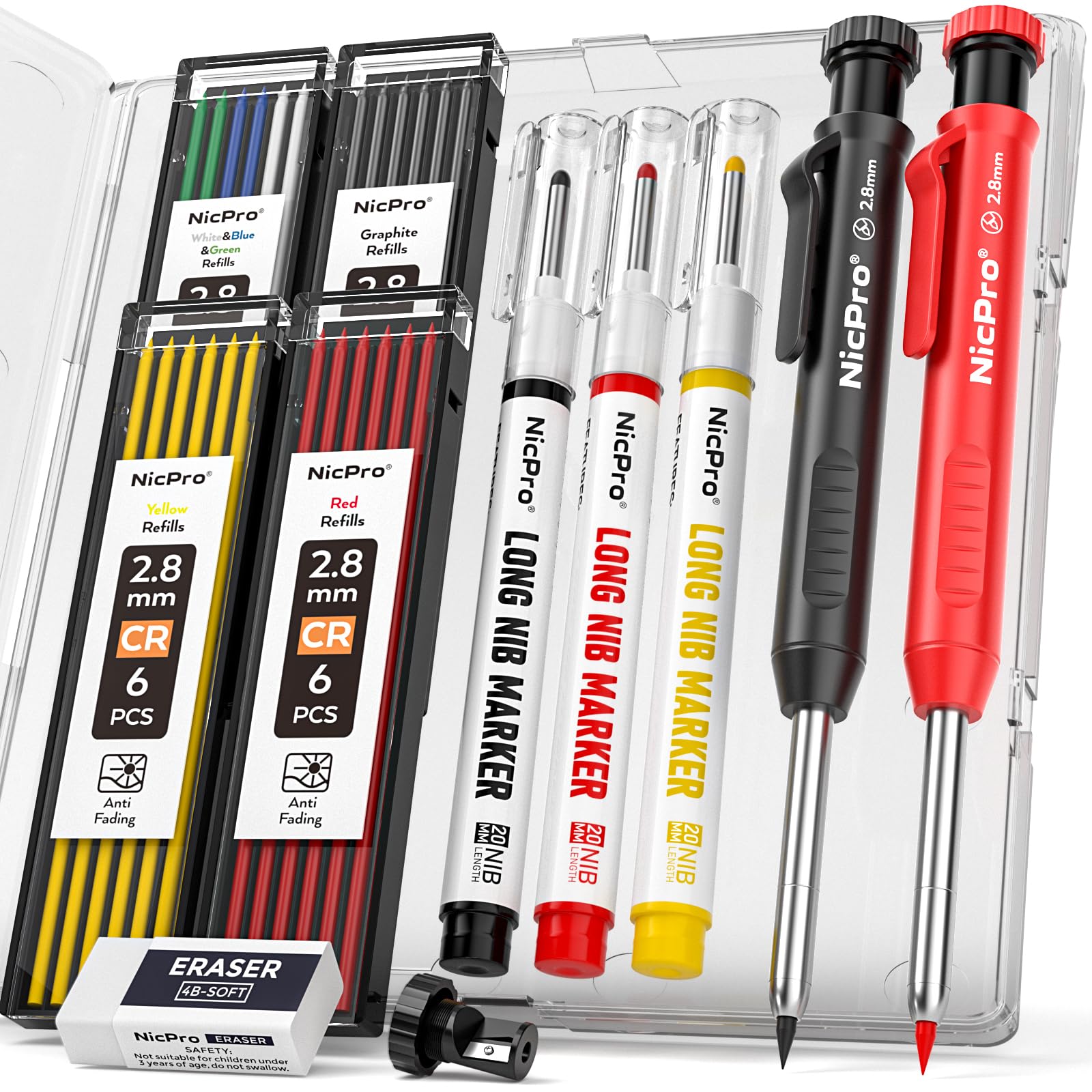 Nicpro 2 Pack CP1000 Carpenter Pencil with Sharpener, Mechanical Carpenter Pencils with 26 Refills, Deep Hole Long Nib Marker Pens for Construction, Heavy Duty Woodworking Pencil for Architect Marking