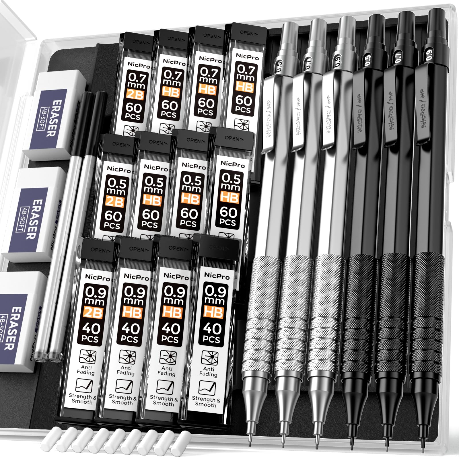 Nicpro 0.5 & 0.7 & 0.9 mm Metal Mechanical Pencil Set withCase,6PCS MP