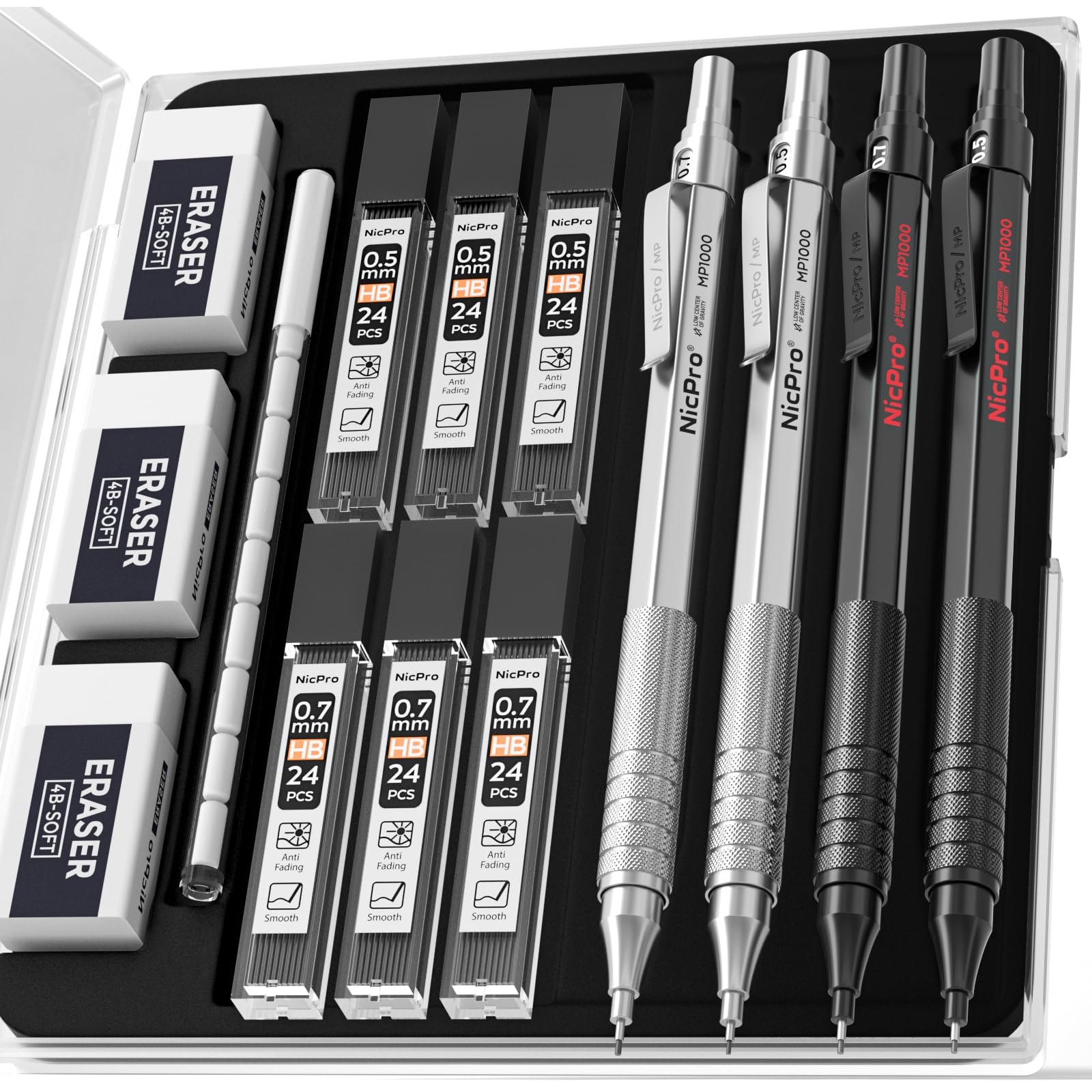 Nicpro 4 PCS Metal Mechanical Pencil Set 0.5 mm & 0.7mm with Case, Artist Pencil MP1000 with 6 Tubes HB Lead Refill, 3 Eraser, 9 Eraser Refill For Art Writing Drafting Drawing,Black & Silver