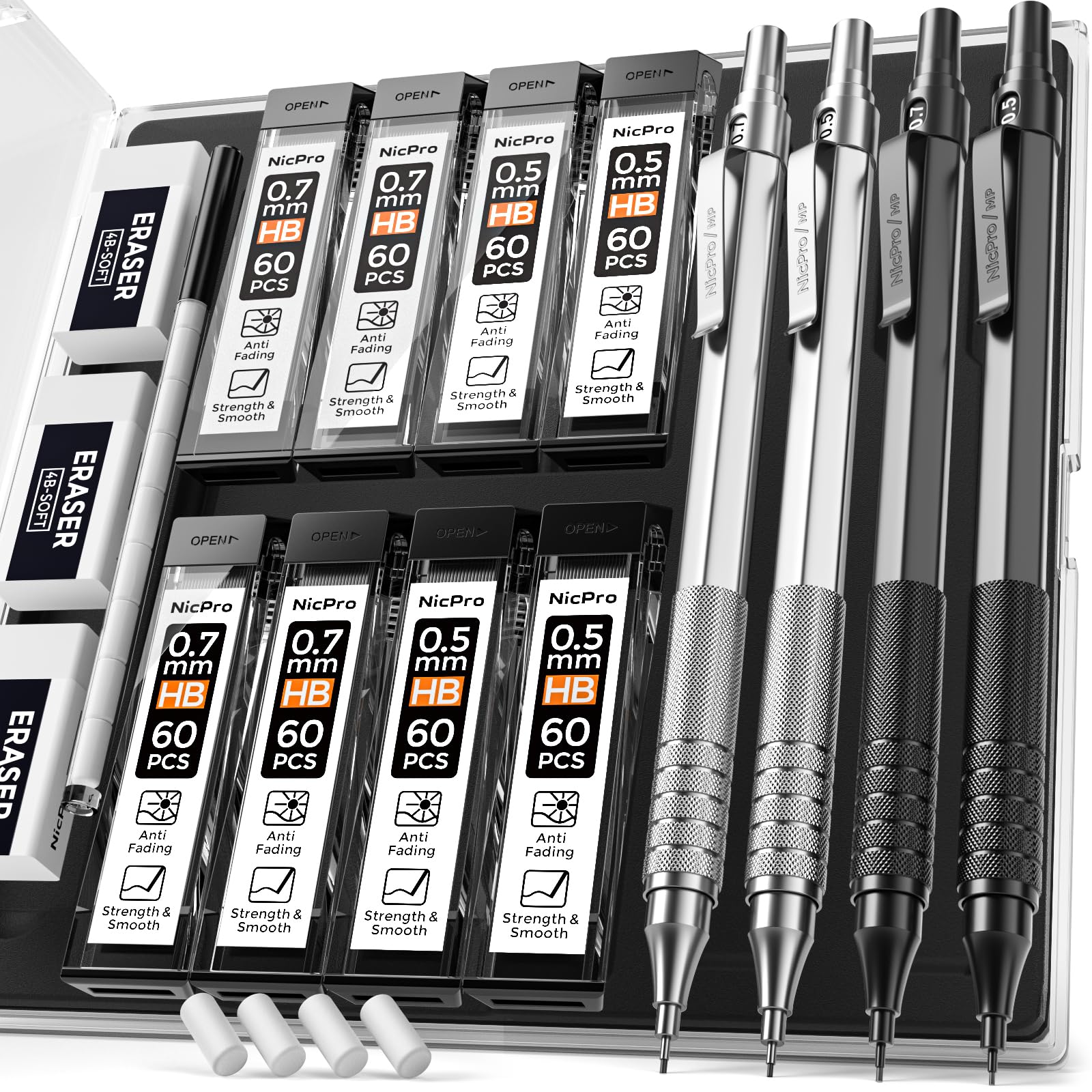 Nicpro 4 Pack Metal Mechanical Pencil Set 0.5 mm & 0.7mm with Case, Artist Pencil MP1000 with 8 Tubes HB & 2B Lead Refill, 3 Eraser, 9 Eraser Refill For Art Writing Drafting Drawing,Black & Silver