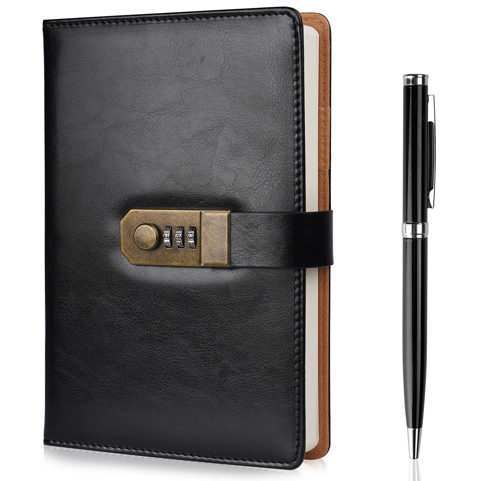 Nicpro Diary with Lock, A5 PU Leather Journal with Lock, Metal Pen, 260 Pages Password Notebook for Men and Women, Vintage Lock Daily Journal for Travel, Note Take, Plans, Organize (10 x 7 in)