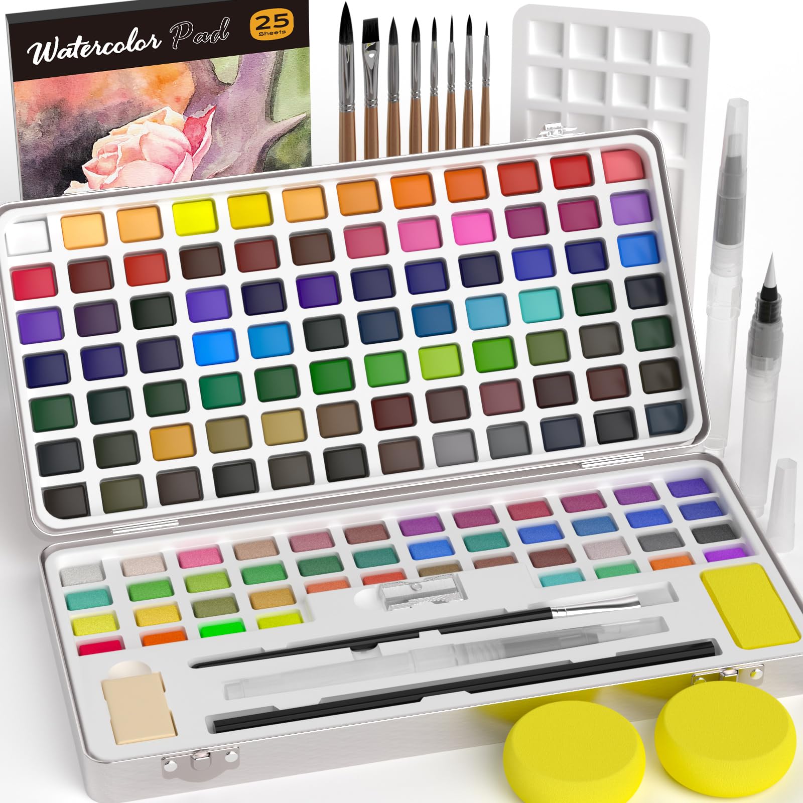 Nicpro 128 Colors Watercolor Paint Set include Metallic Macaron & Fluorescent, 8 Squirrel Painting Brushes, 25 Water Color Paper, Palette, Art Supplies Kit for Artist Adult Kid Beginner with Gift Box