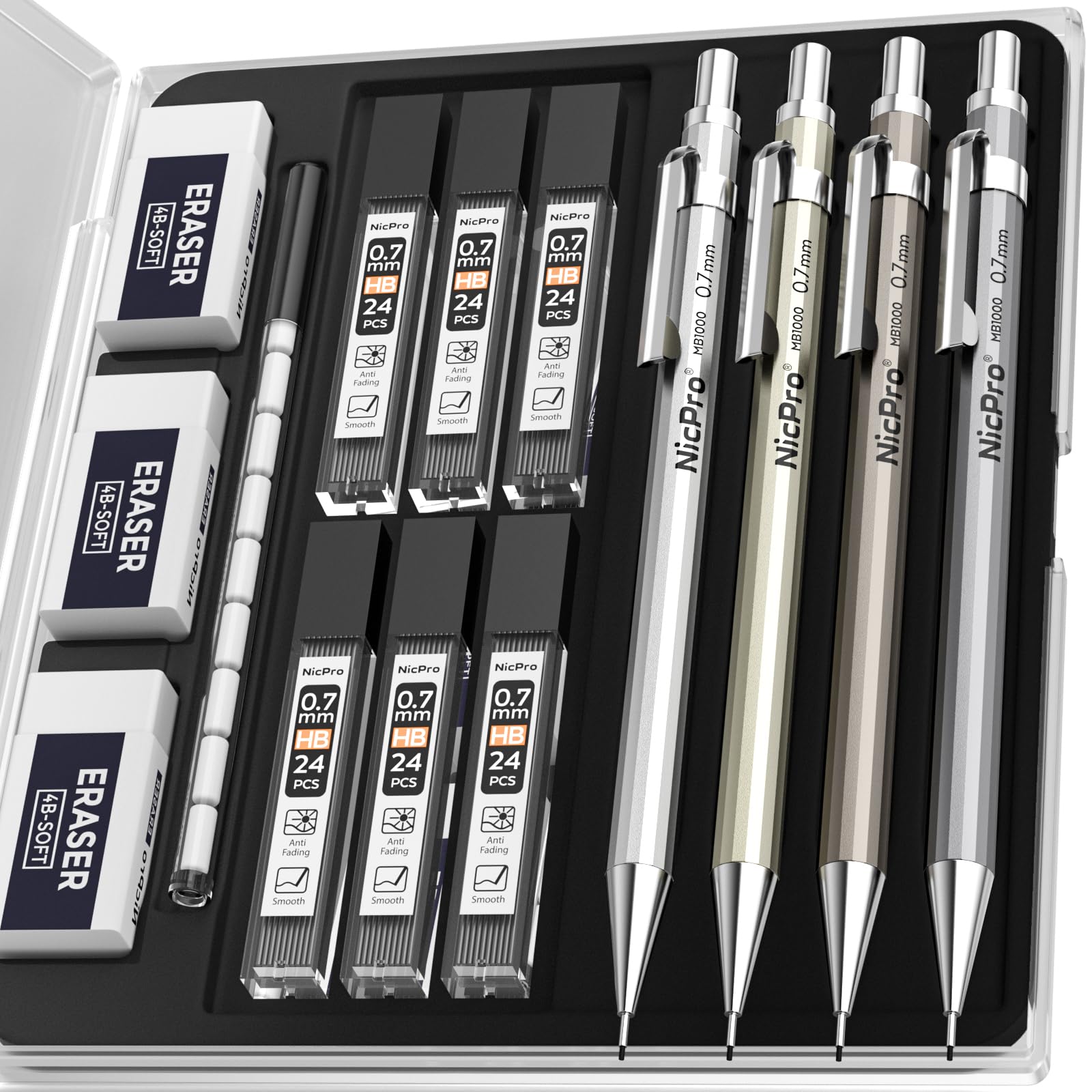 Nicpro 4 Pack Mechanical Pencil 0.7mm with Case, MB1000 Metal Mechanical Pencil Set with 6 Tube HB #2 Lead Refill 0.7 mm, 3PCS 4B Eraser, 9 Cap Eraser for Artist Drafting Writing, Sketching, Drawing
