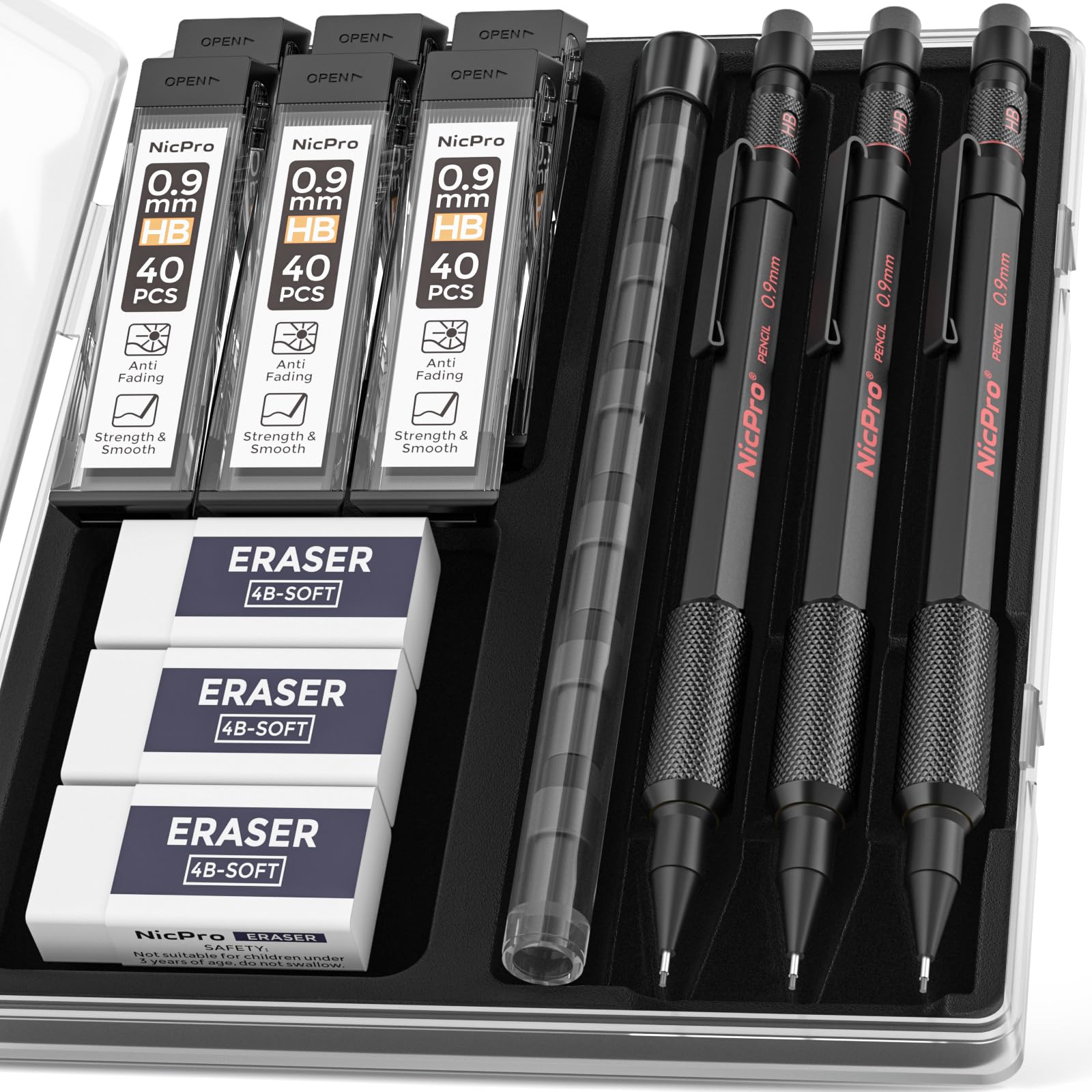 Nicpro 0.9 mm Mechanical Pencils Set with Case, 3PCS Professional Metal Artist Mechanical Pencil With 6 Tube HB Lead Refills, Eraser, Weatherproof Barrel for Outdoor Writing Drafting Drawing Sketching