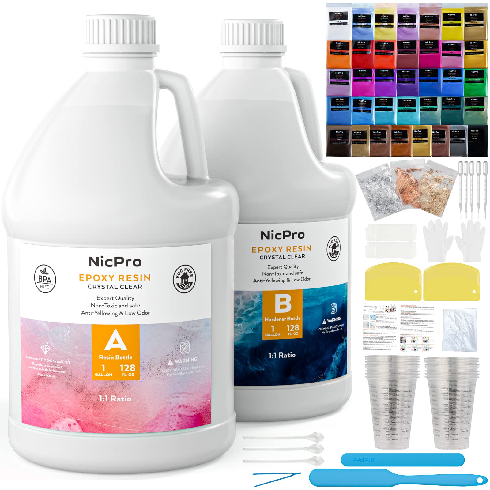 Nicpro 2 Gallon Crystal Clear Epoxy Resin Kit, Casting and Coating Resin Supplies for Art Craft Tabletop, Jewelry Making, Molds, Bar Top with 36 Mica Powder, Gold Foil Flakes, Measuring Cups, Sticks