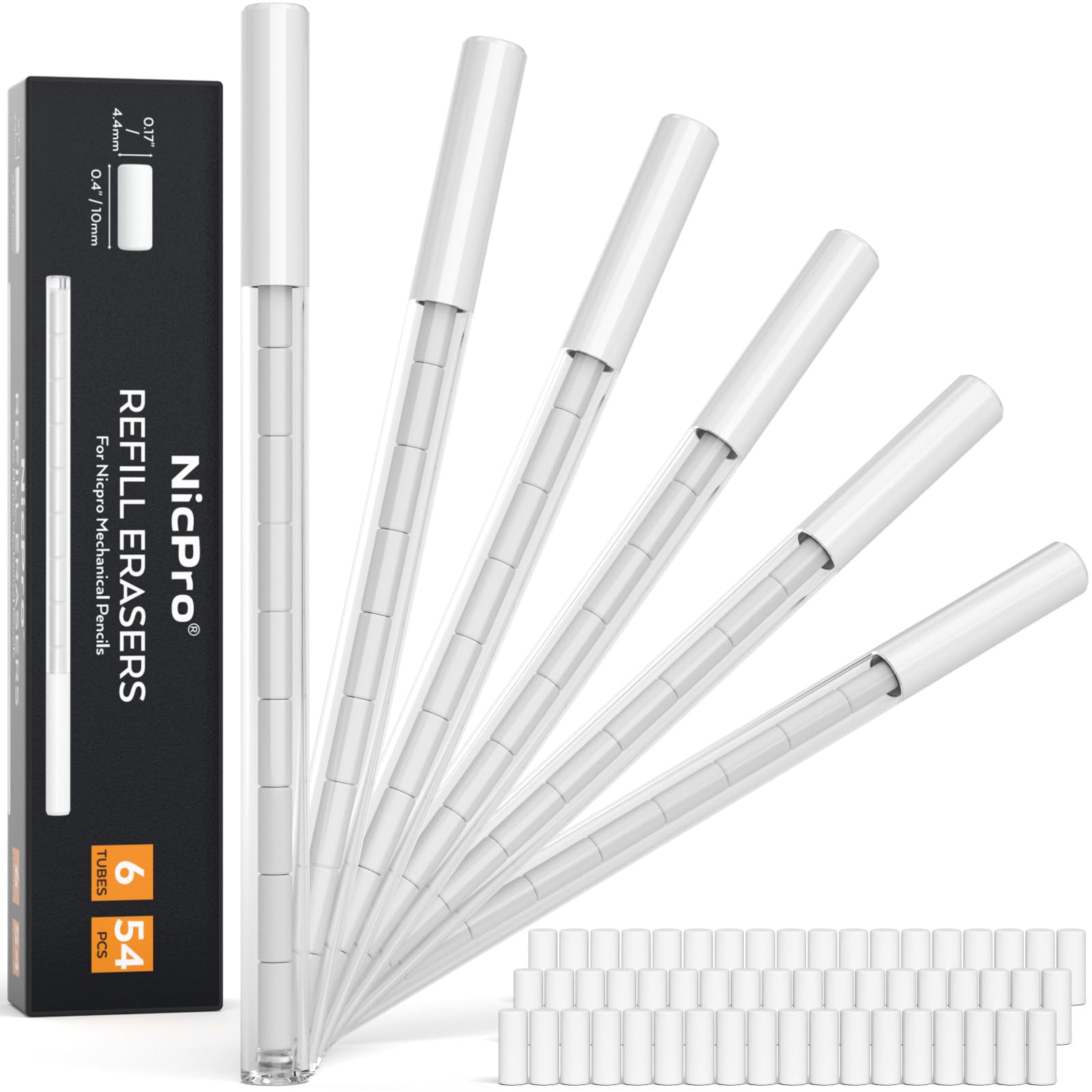 Nicpro 54PCS Refill Erasers for Mechanical Pencil, 6 Tubes Top Erasers, Widely Available for Nicpro Mechanical Pencil, Easy to Clean Without Scratching Paper (0.17" × 0.4")