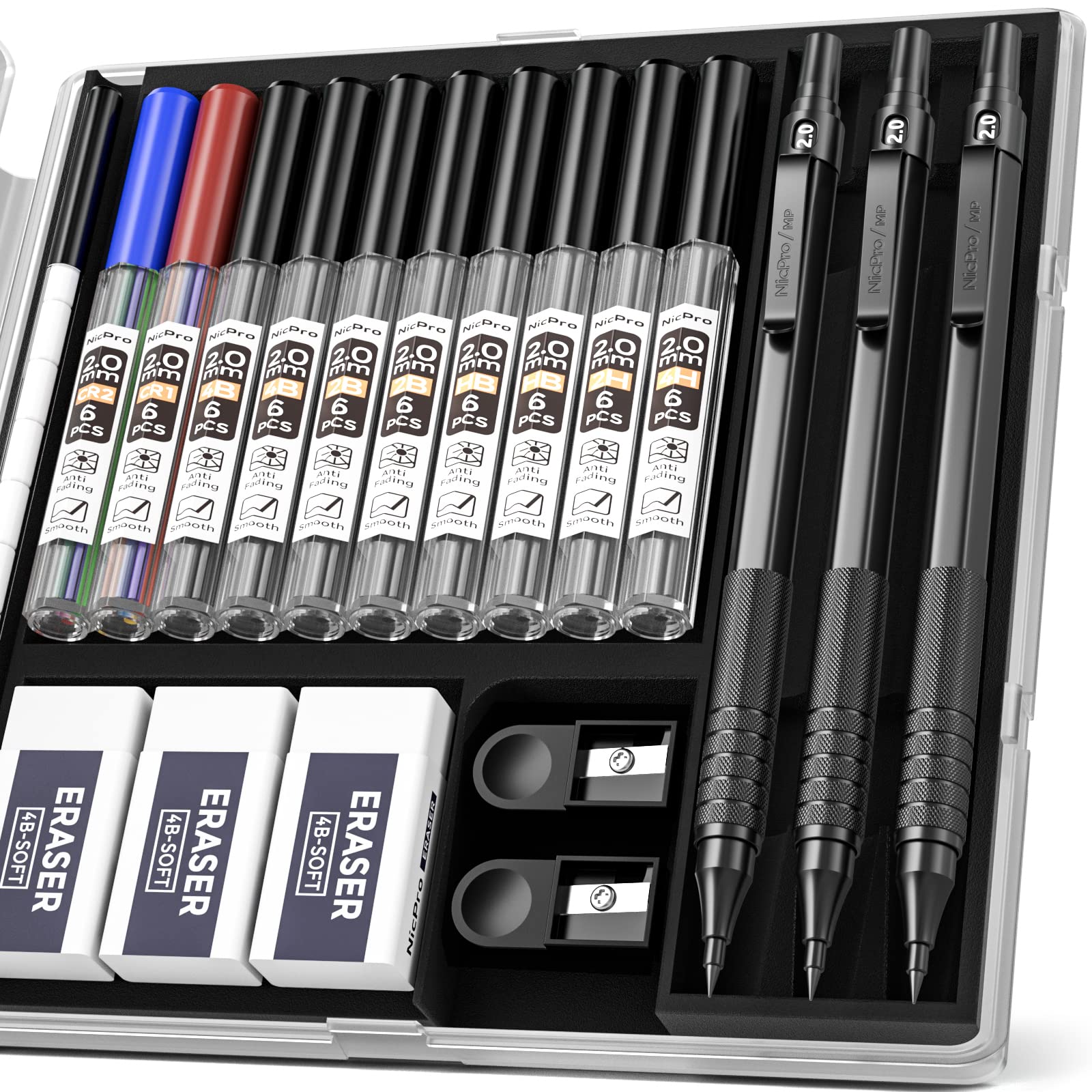 Nicpro 5 PCS Art Mechanical Pencils Set, Black Artist Metal Drafting Pencil  0.5 & 0.7 & 0.9 mm & 2PCS 2mm Graphite Lead Holder(4B 2B HB 2H) for