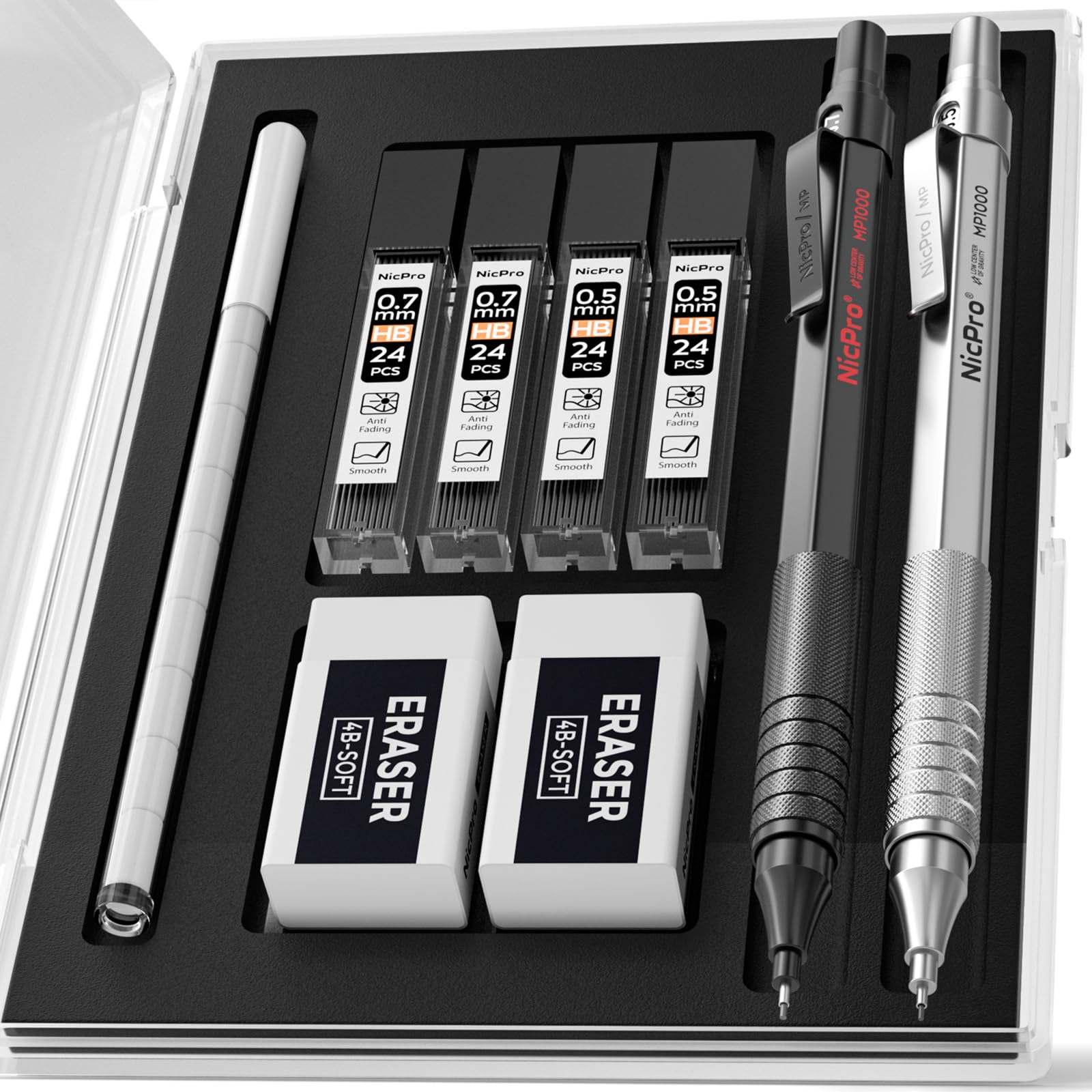 Nicpro 2 PCS Mechanical Pencils 0.5mm & 0.7 mm with Case, MP1000 Metal Artist Pencil Set with 4 Tubes HB Lead Refills, 2 Erasers, 9 Eraser Refills For Art Writing Drafting Drawing, Black & Silver
