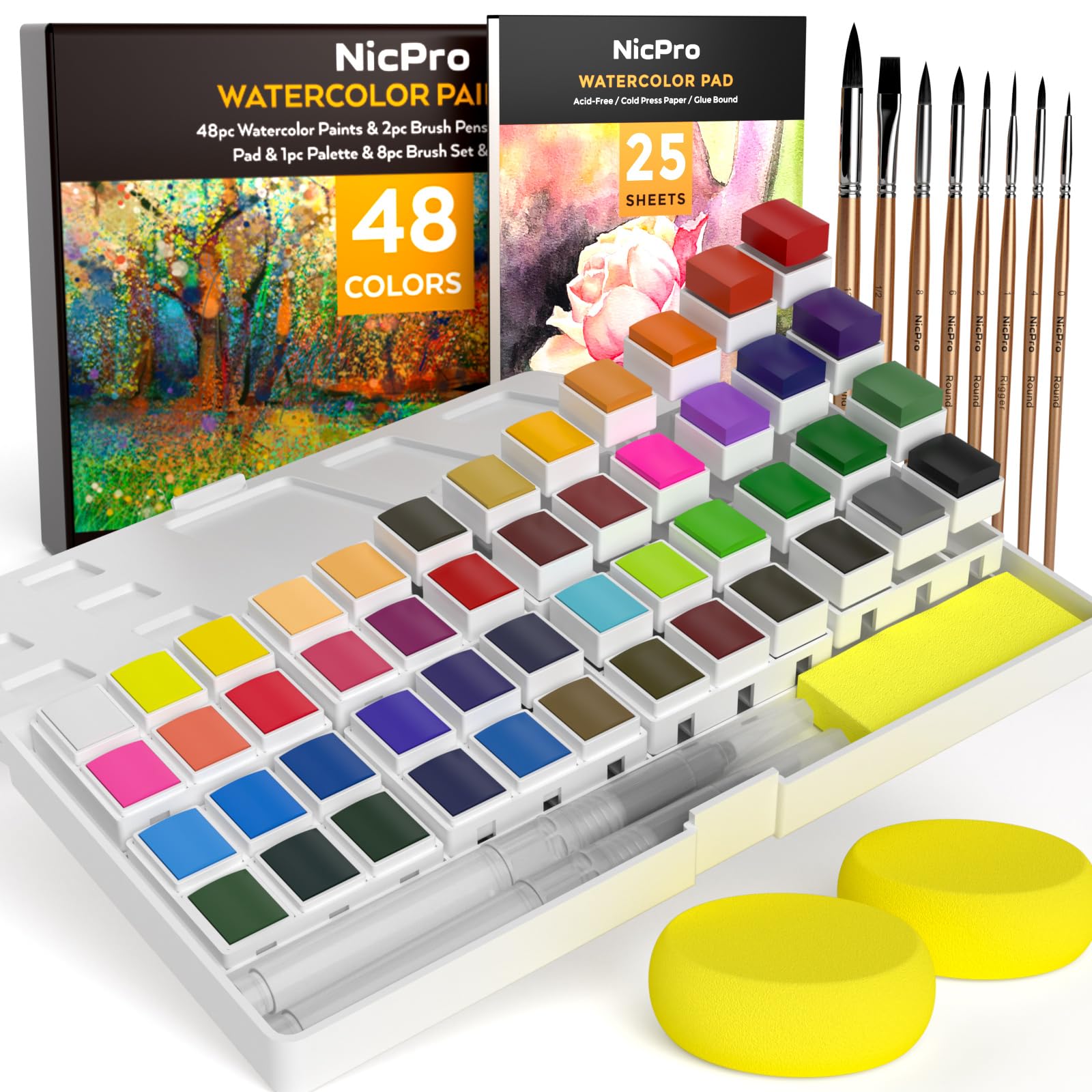 Watercolor Paint Set 25 Assorted Colors with 1 Water Brushes and