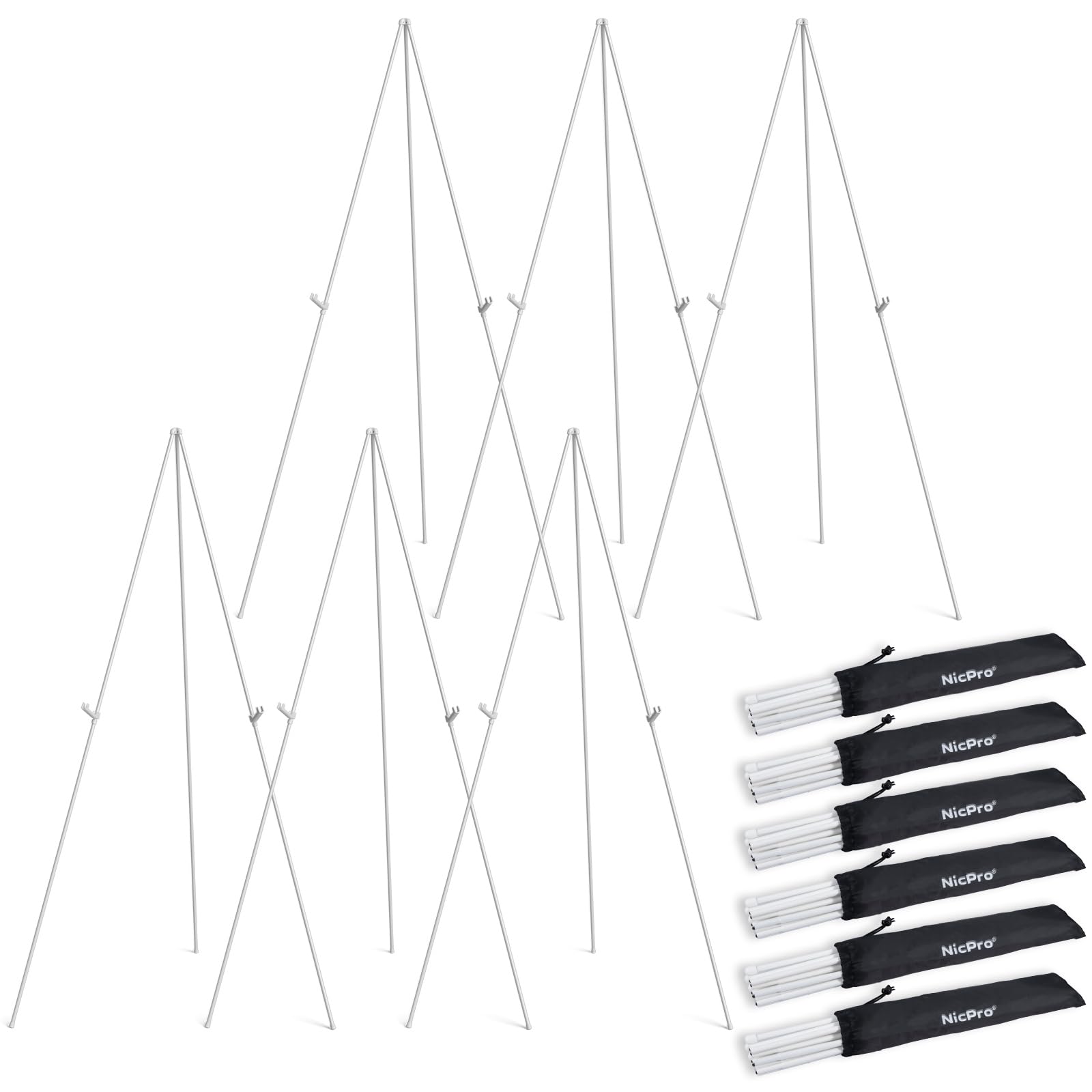 Nicpro Folding Easels for Display,6 Pack White 63 Inch Metal Floor Easel Stand Bulk Tripod Easel, Portable for Artist Poster Wedding with Carry Bag