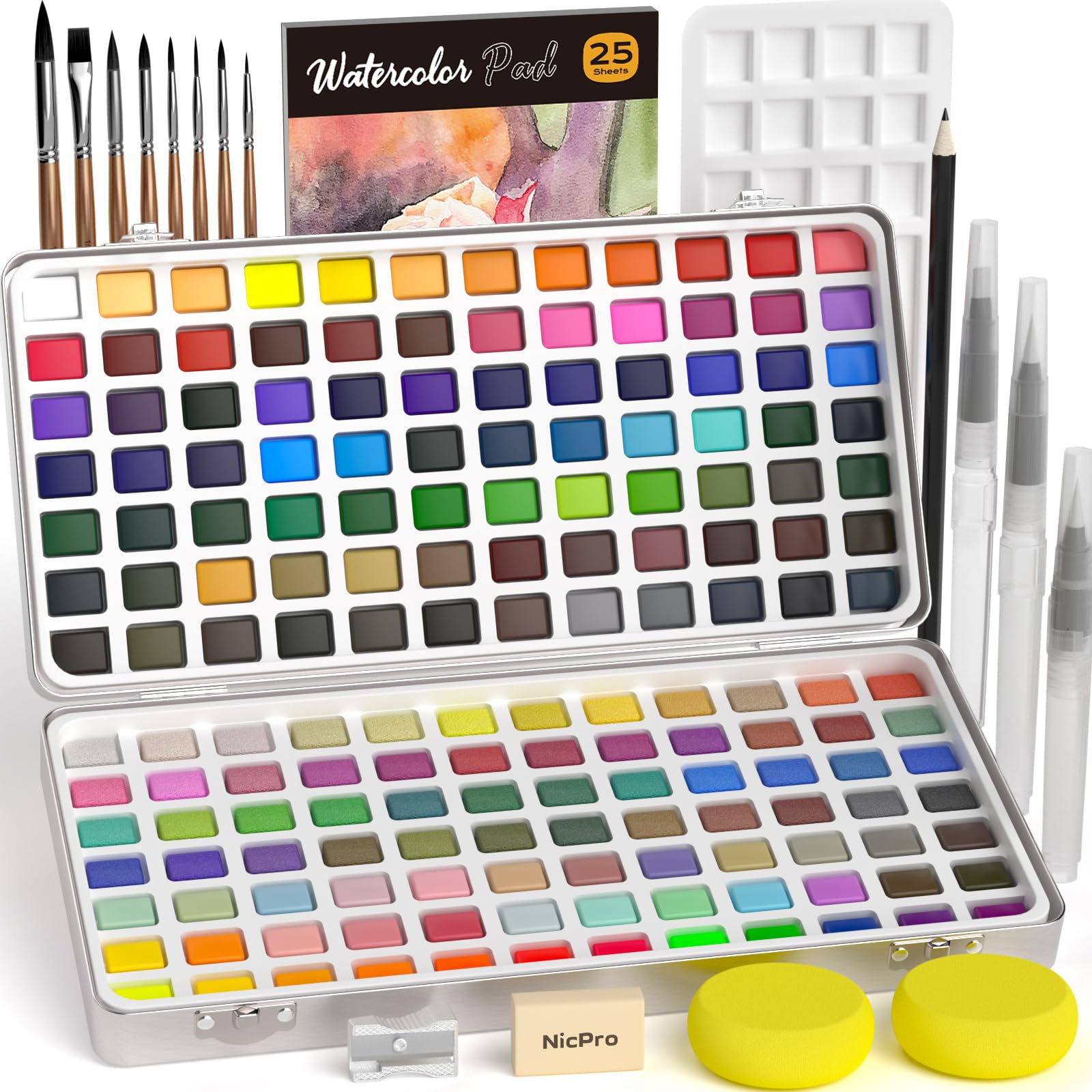 Nicpro 168 Colors Watercolor Paint Set include Metallic Macaron Candy Fluorescent, 8 Squirrel Painting Brushes, 25 Water Color Paper, Palette, Art Supplies Kit for Artist Adult Kid Beginner with Box