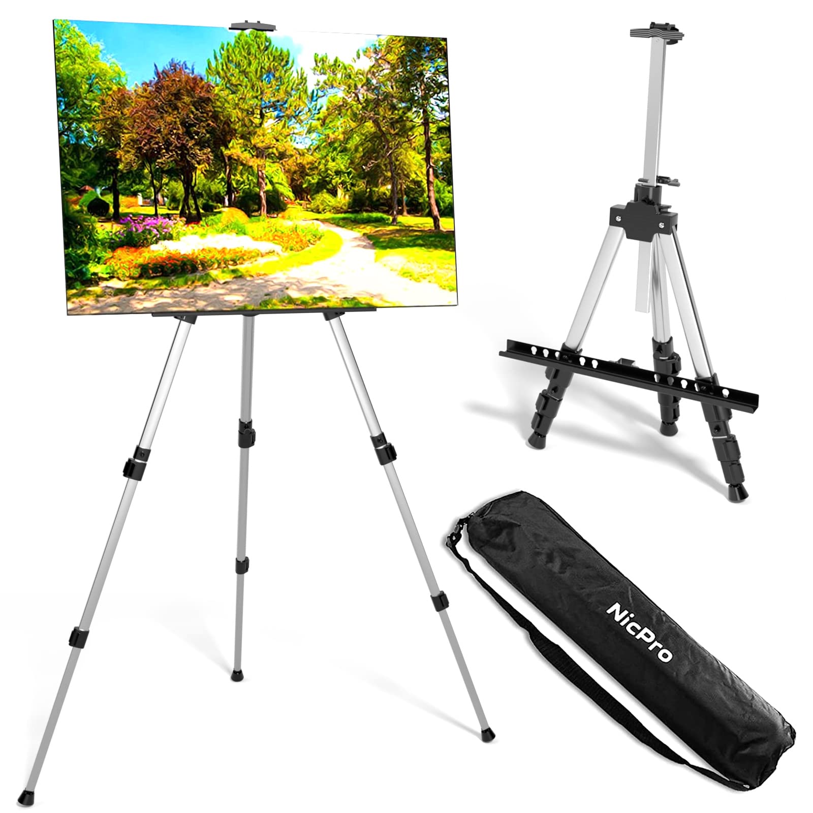Nicpro 2 Pack Painting Easel for Display, Adjustable Height 17" to 66" Tabletop & Floor Art Easel, Aluminum Tripod Artist Easels Stand for Painting Canvas, Wedding Signs with Carry Bag - Silver