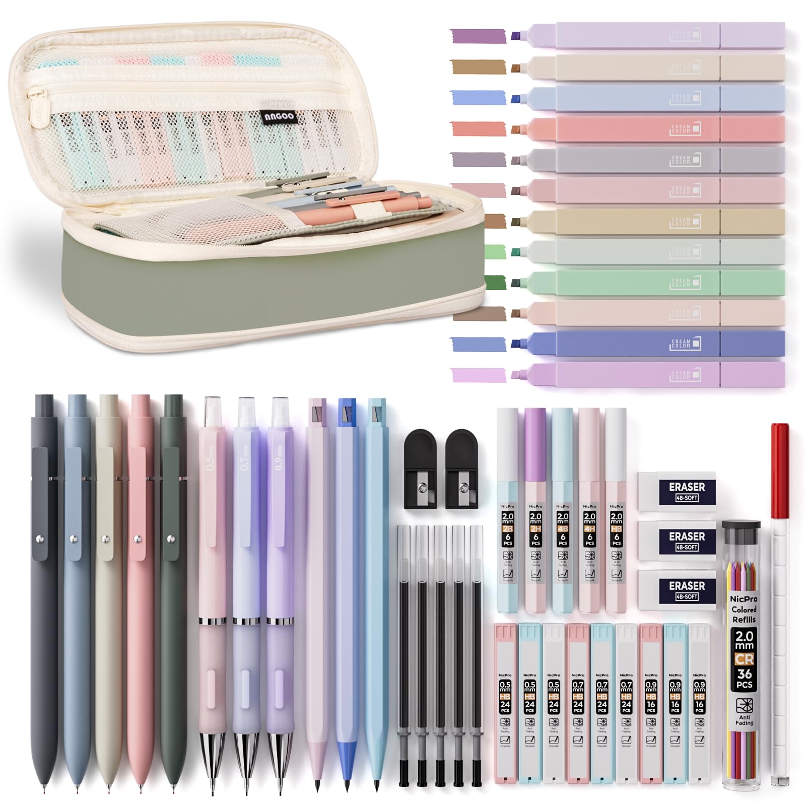 Nicpro 50 PCS Aesthetic School Supplies with Pen Case, 12 Colors Chise