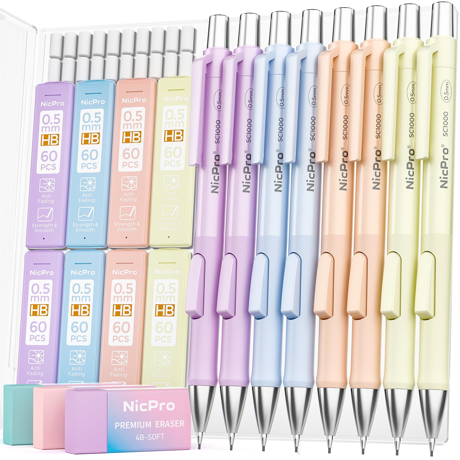 Nicpro 8 Pack 0.5mm Pastel Mechanical Pencil Set, Fast Click Aesthetic Lead Drafting Pencils 0.5 mm with 480PCS HB Lead Refills, 3 Erasers for Artist School Student Writing Drawing Sketching with Case