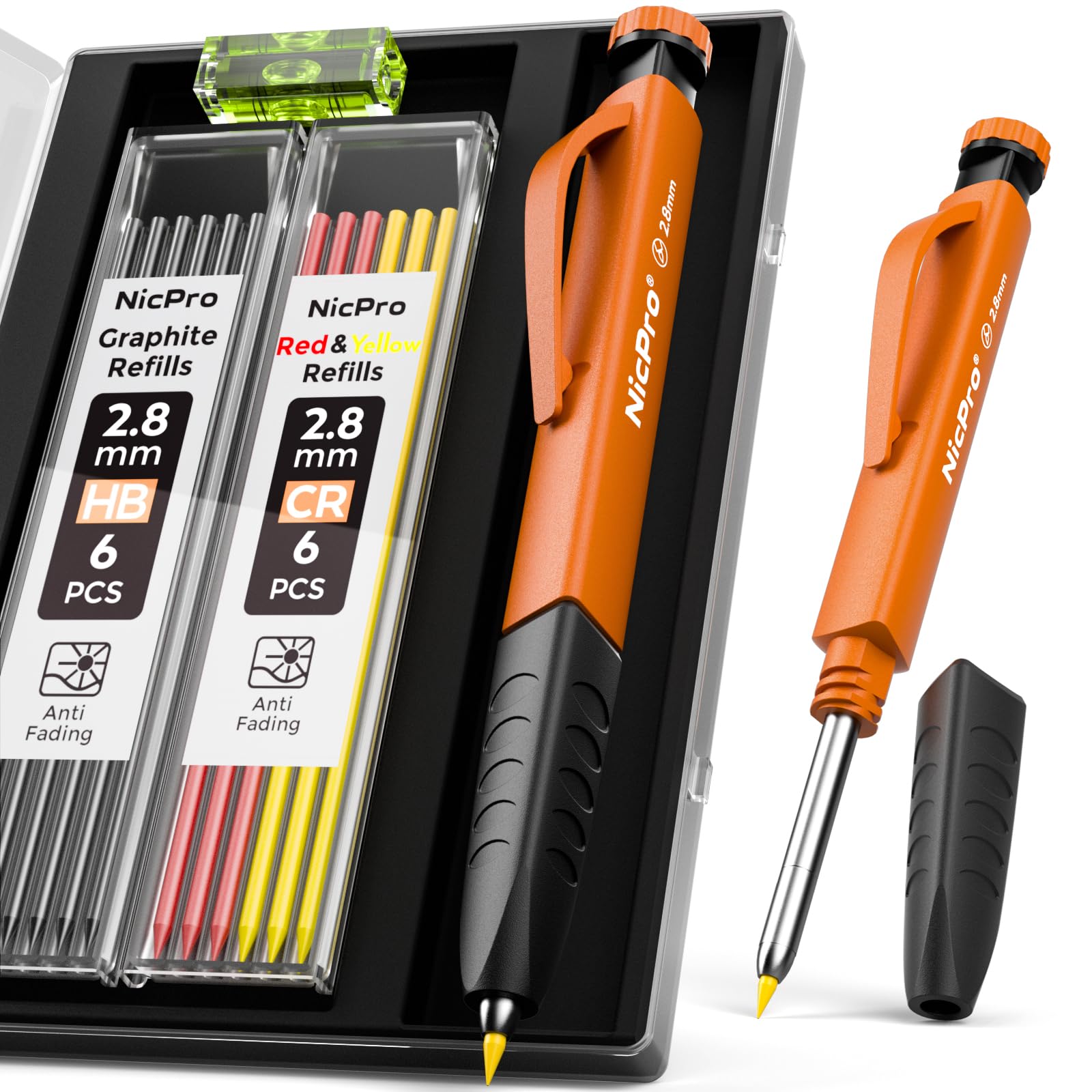 Nicpro Carpenter's Pencil Set, 1 Solid Carpenter's Pencils with 12 Versatile Leads, Mechanical Pencil Marker, Deep Hole Marker Pencil with Built-in Sharpener for Woodworking, Construction Site with