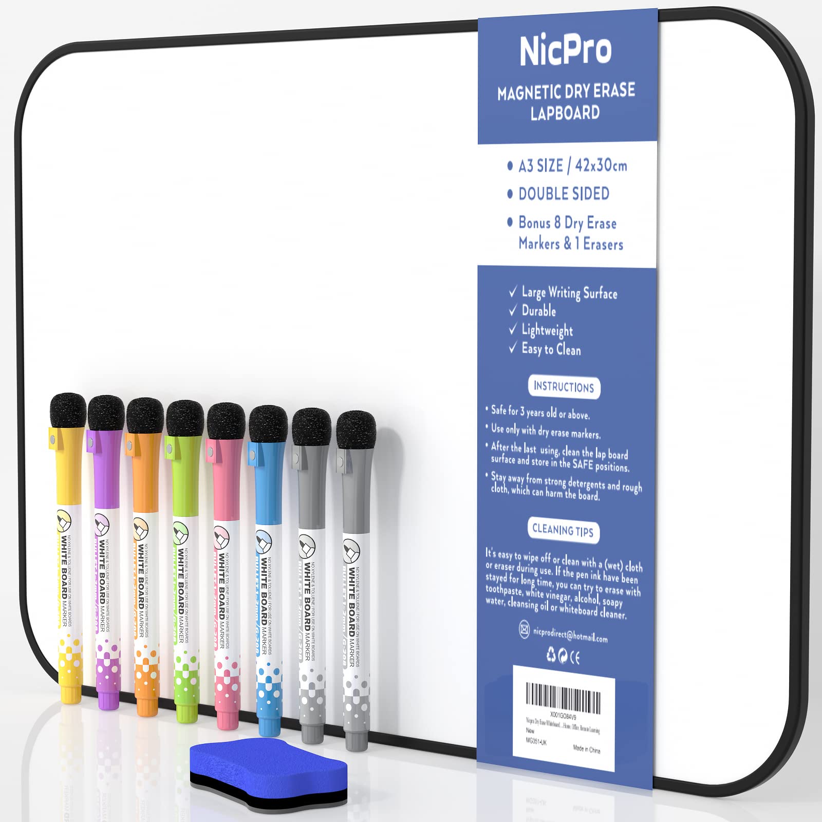 Nicpro Dry Erase Whiteboard A3, Magnetic Double Sided 12 x 16" White Board with Black Border, Including 8 Water-Based Pens and 1 Eraser for Kid Writing & Drawing, Student School, Classroom, Home Use