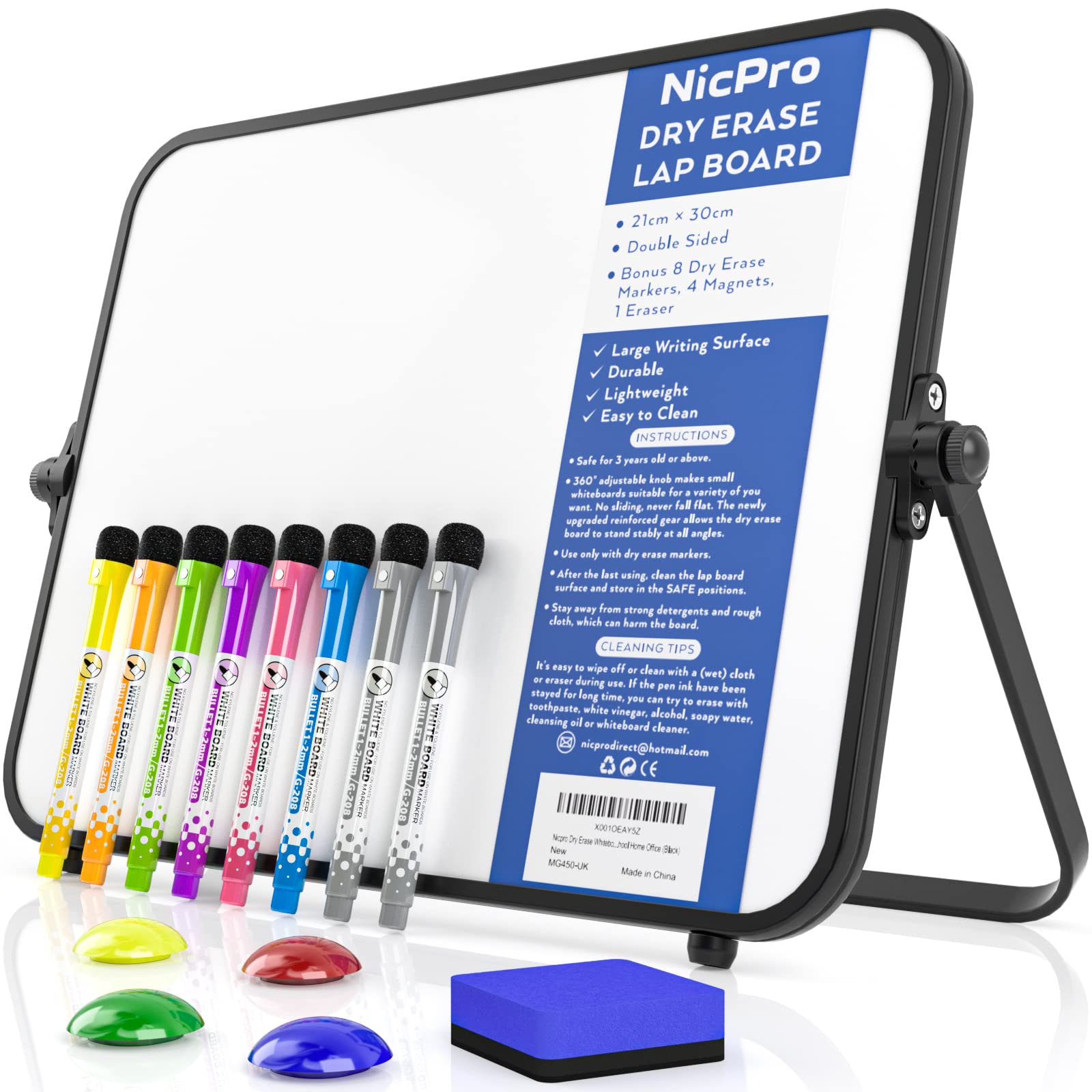 Nicpro Dry Erase Small Whiteboard A4 with Non-Slip Stand, 21 x 30 cm Double Sided Magnetic Desktop White Board 8 Pens, Eraser, Magnet, Portable Writing Easel, Blue, Green, Purple, White