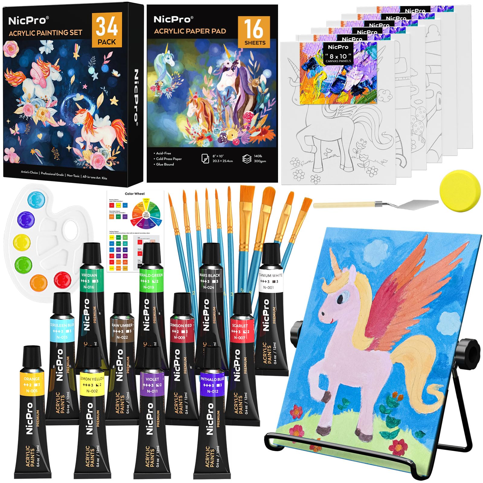 Gouache Paint Set 32 Painting Colors Kit W/ Paintbrush & Painters