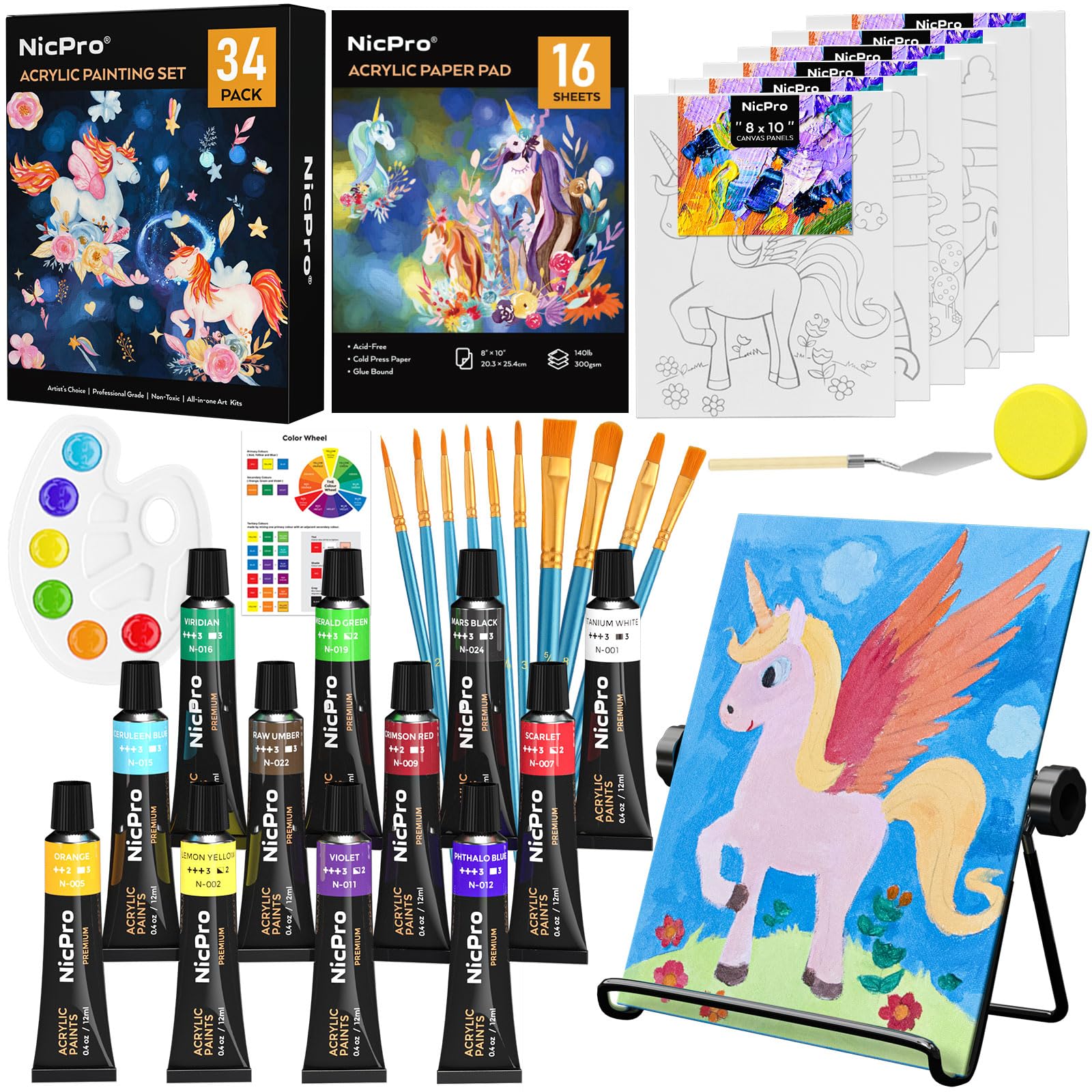 Nicpro 34PCS Kids Acrylic Paint Set with Pattern Canvas, Art Painting Supplies Kit with 12 Paints, 10 Brushes, 6 Canvas Panels, Table Easel, Paper Pad,Color Wheel,Palette for Beginner Student Toddlers