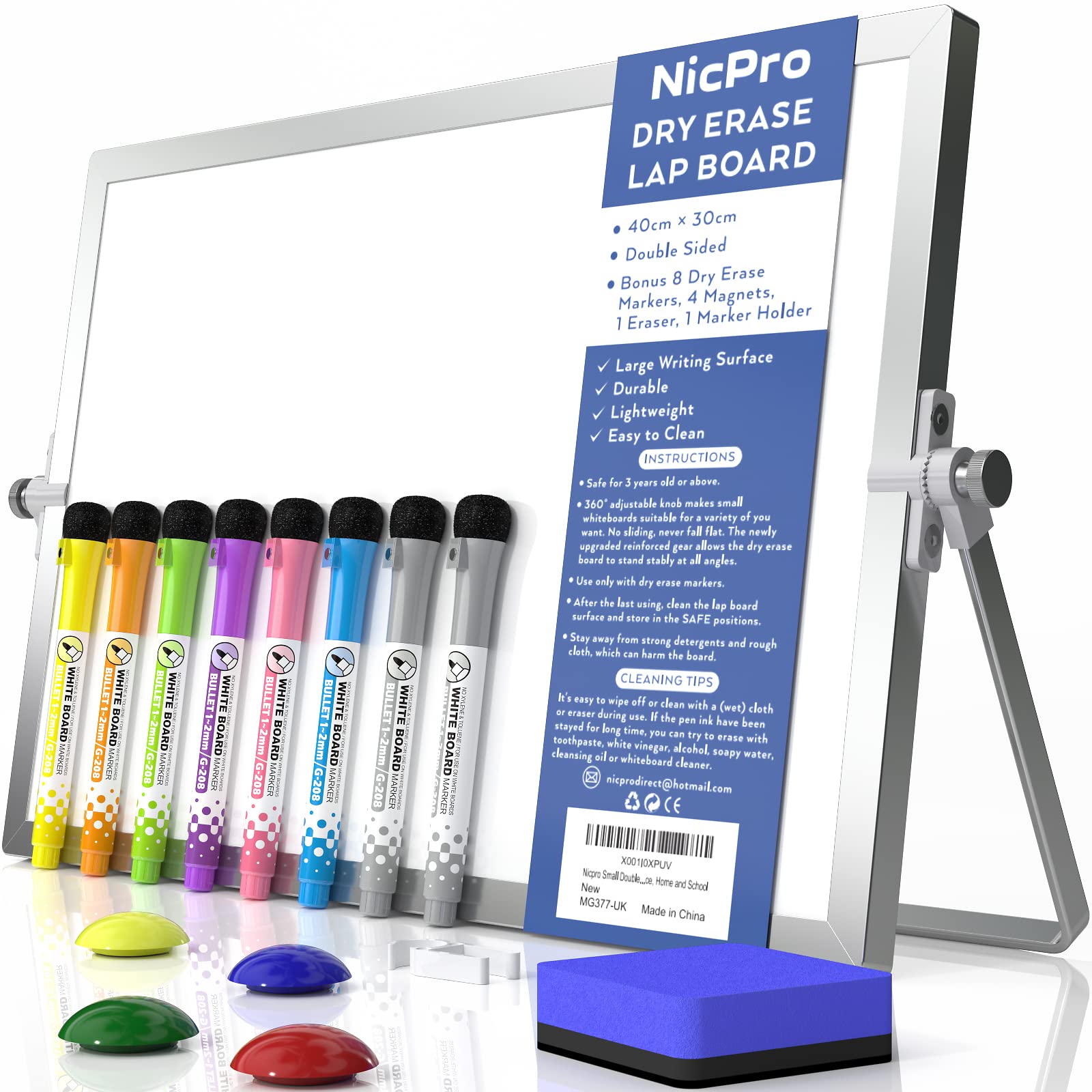 Nicpro Dry Erase Mini Whiteboard A3, 40 x 30 cm Double Sided Small Mag