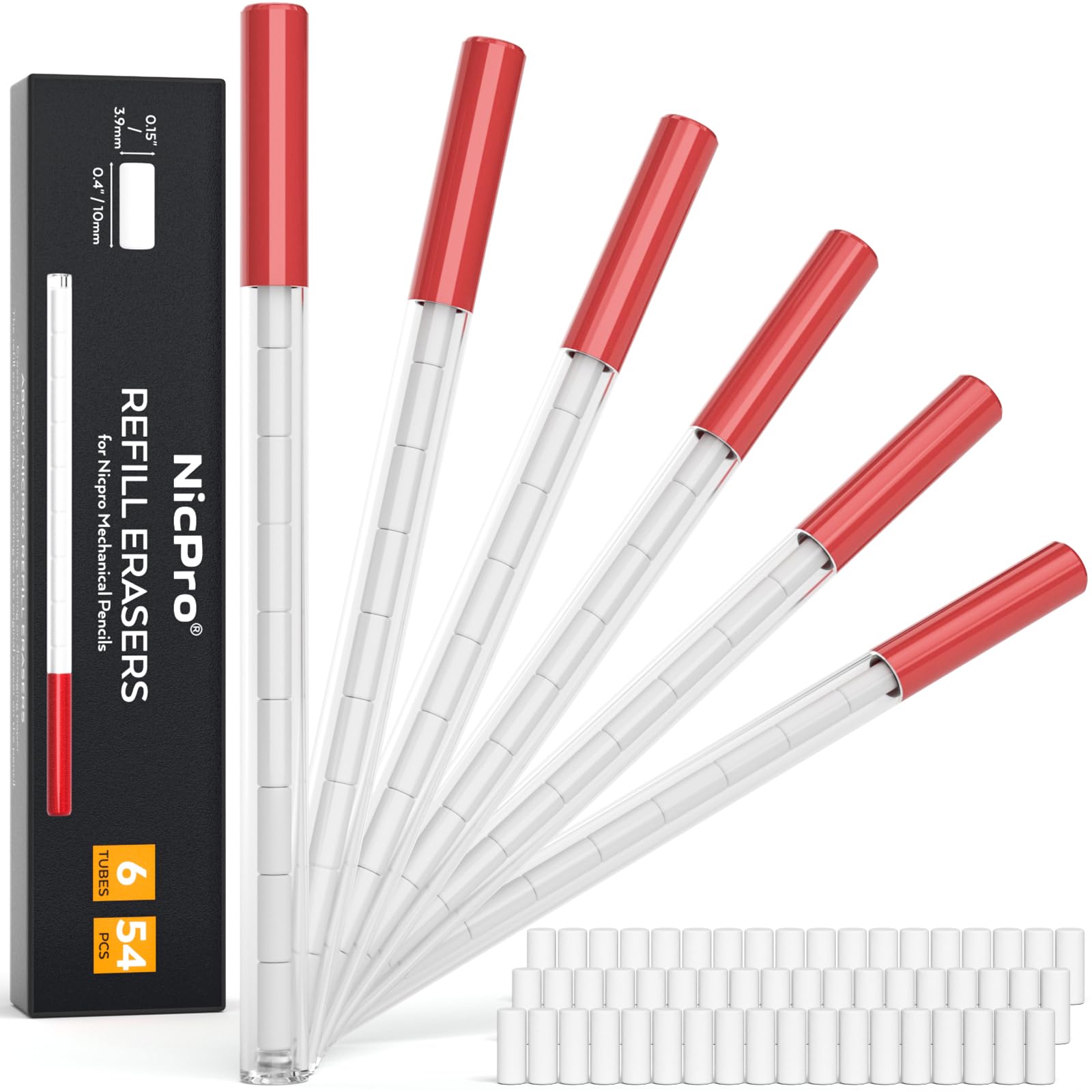 Nicpro 54PCS Refill Erasers for Mechanical Pencil, 6 Tubes Erasers, Widely Available for Nicpro Mechanical Pencil, Top Eraser Easy to Clean (0.15'' × 0.4'')