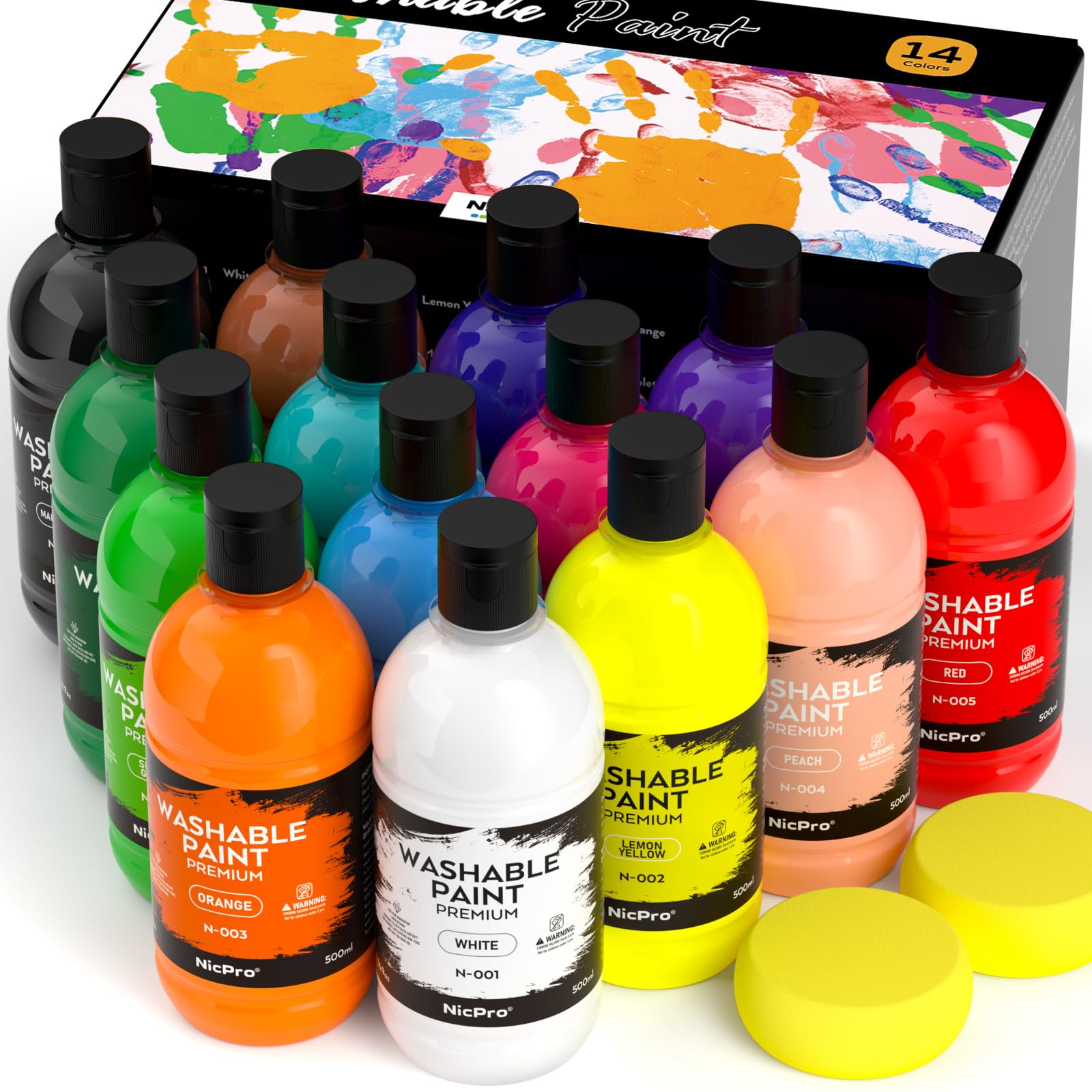 Nicpro 14 Colors Large Washable Paint Set for Kid (16.9 oz,500 ml), Acrylic Bulk Paint Supplies Non Toxic Children Tempera Paint for Art, Craft DIY, Poster & Finger Paint, School, Home,Classroom