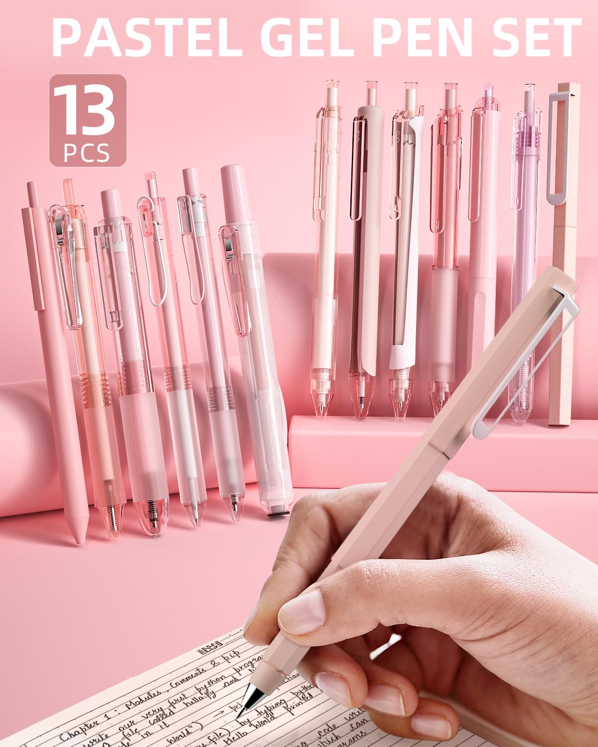 Nicpro 13PCS Pastel Gel Ink Pen Set with Case, Cute Retractable 0.5mm Fine Point 12PCS Black Ink Pens with 1 Highlighter, Aesthetic Pens for School, Student Note Taking,Writing, Office Supplies (Pink)