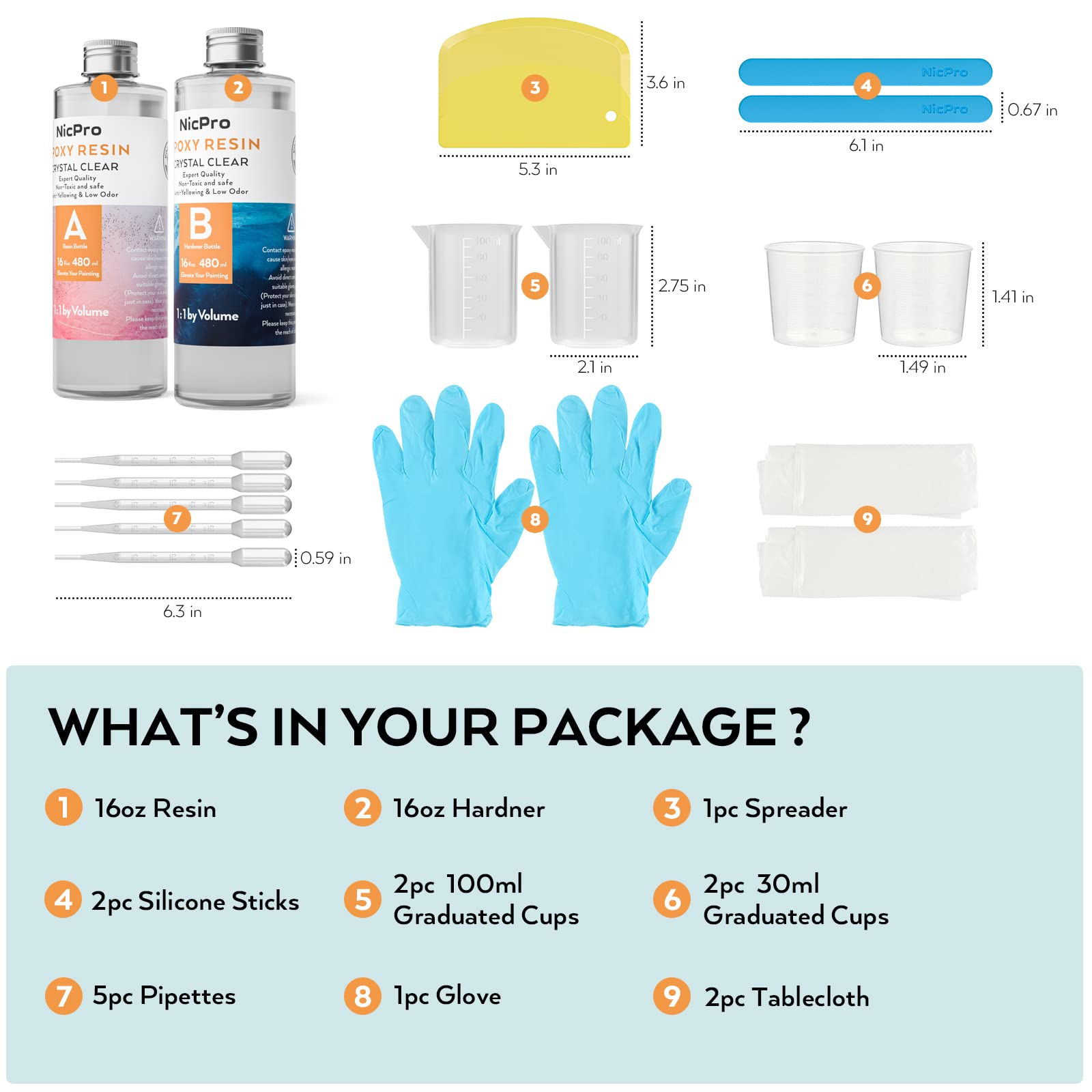 Nicpro 32 Ounce Epoxy Resin Kit Crystal Clear, DIY Starter Art Resin Supplies with 4 Measuring Cups, 2 Silicone, Sticks,Gloves,Spreader for Craft Casting & Coasting, Molds, Jewelry Making