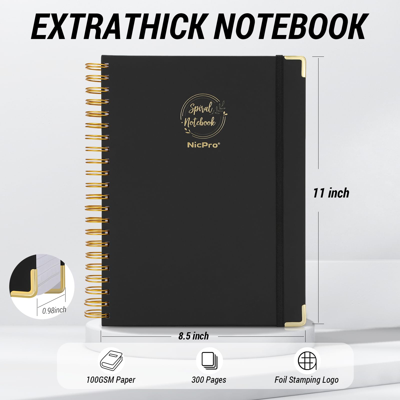 Nicpro Spiral Notebook 300 Page,8.5"x 11", Black Leather Hardcover Note Book Journal A4 Book College Ruled with 60pcs Index Tabs for Work School Notes, Journals Writing,100gsm Thick Paper