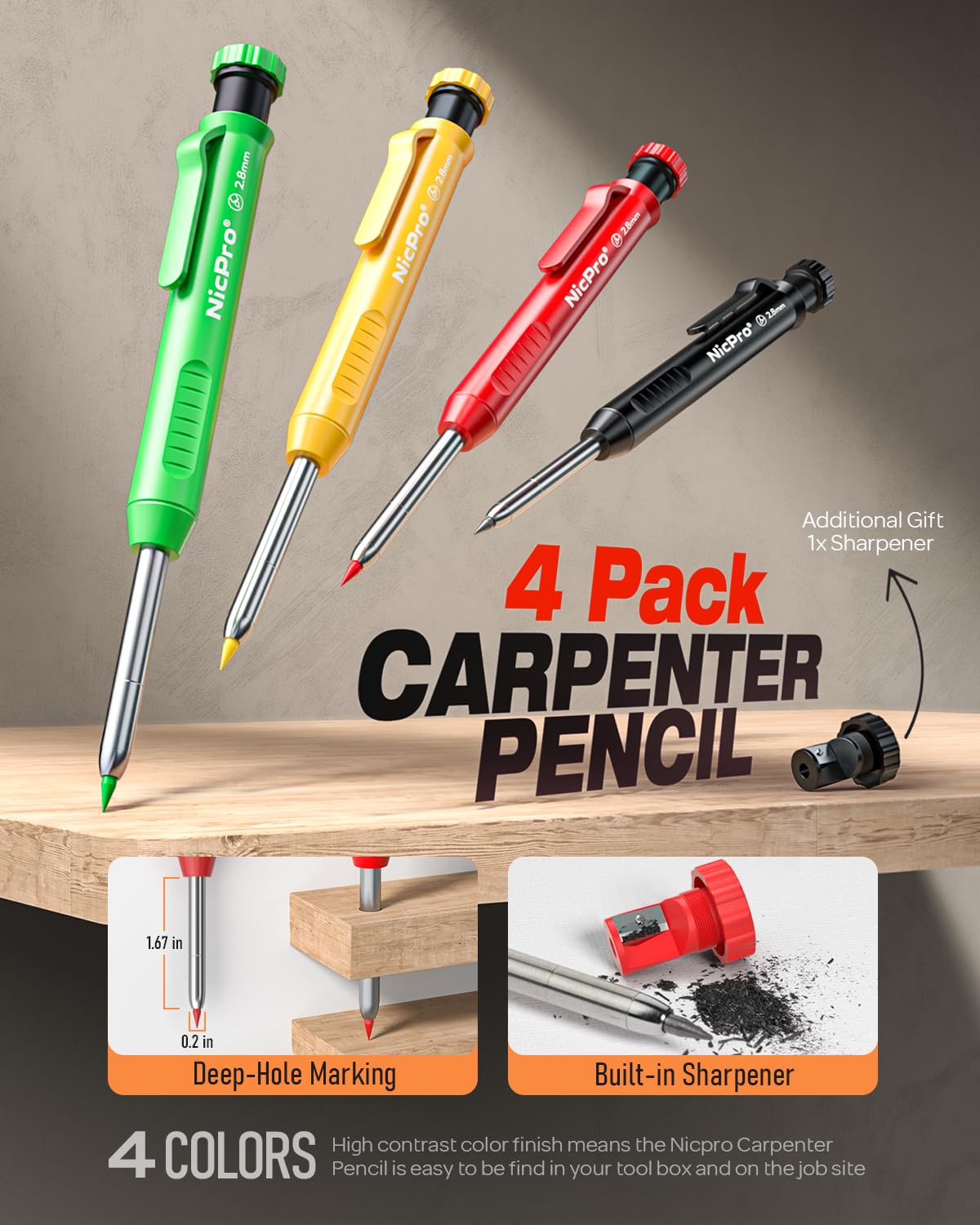 Nicpro 4 Pack Carpenter Pencil with Sharpener & Cap, Mechanical Carpenter Pencils Set with 52 Refill, Deep Hole Marker Woodworking Pencils, Heavy Duty Construction Pencils for Architect-With Case