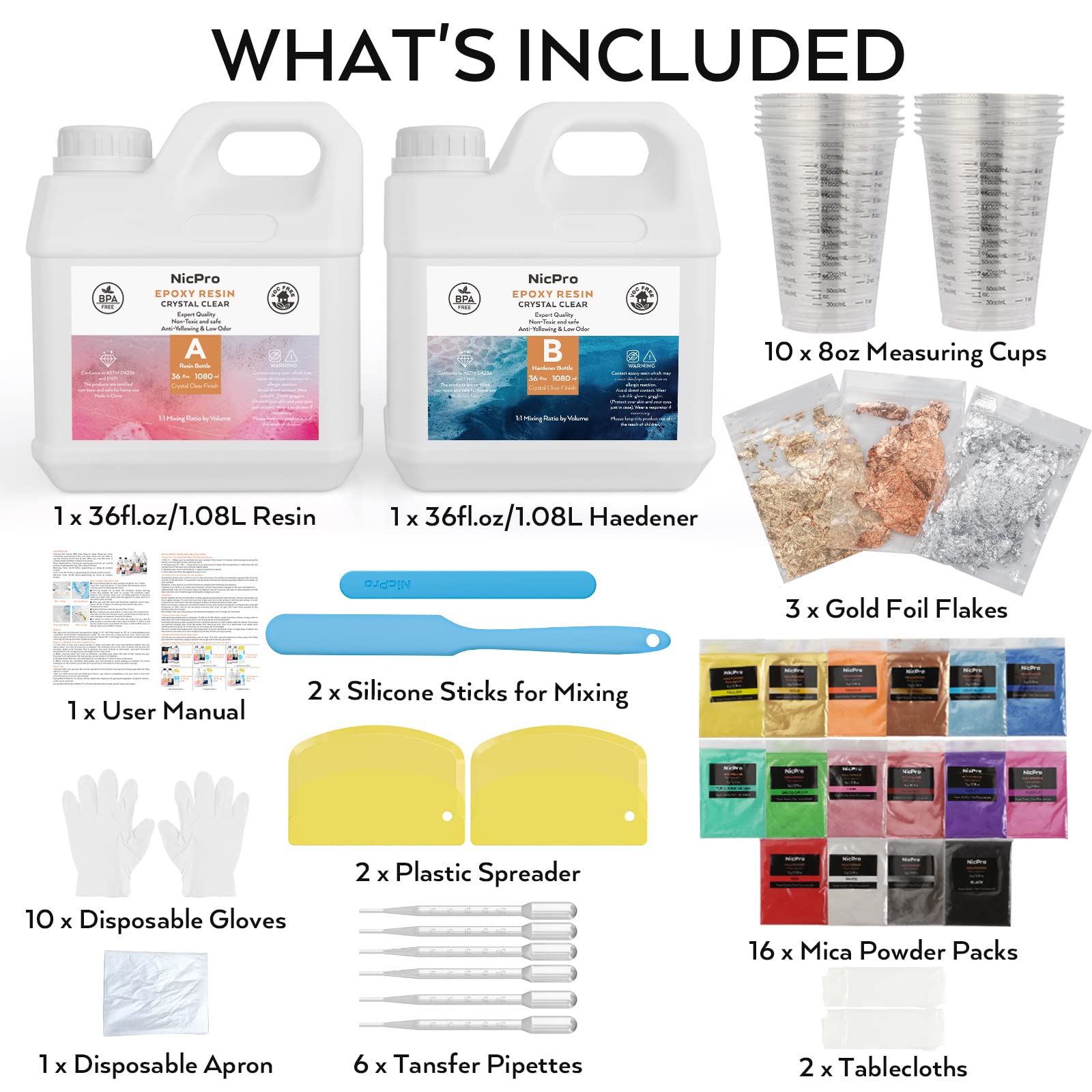 Nicpro 72OZ Crystal Clear Epoxy Resin Kit, Casting and Coating Art Resin Supplies for Craft Tabletop, Jewelry Making, Molds, Art Painting with 16 Mica Powder, Gold Foil Flakes, Measuring Cups and More