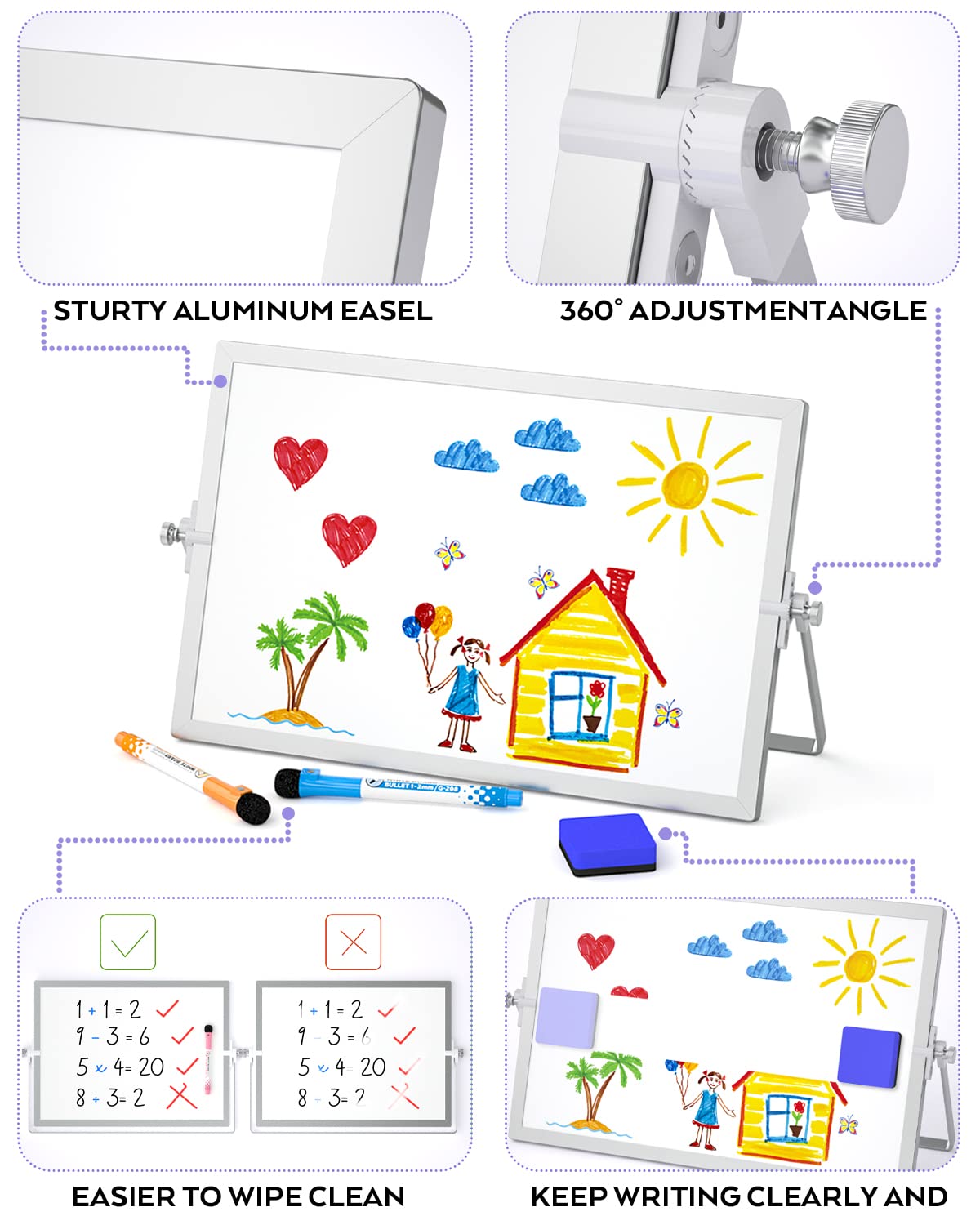 Nicpro Dry Erase Whiteboard, 12 x 16 inch Double Sided Large Magnetic Desktop White Board with Stand, 8 Pens, 1 Eraser, 4 Magnets, White Board Easel