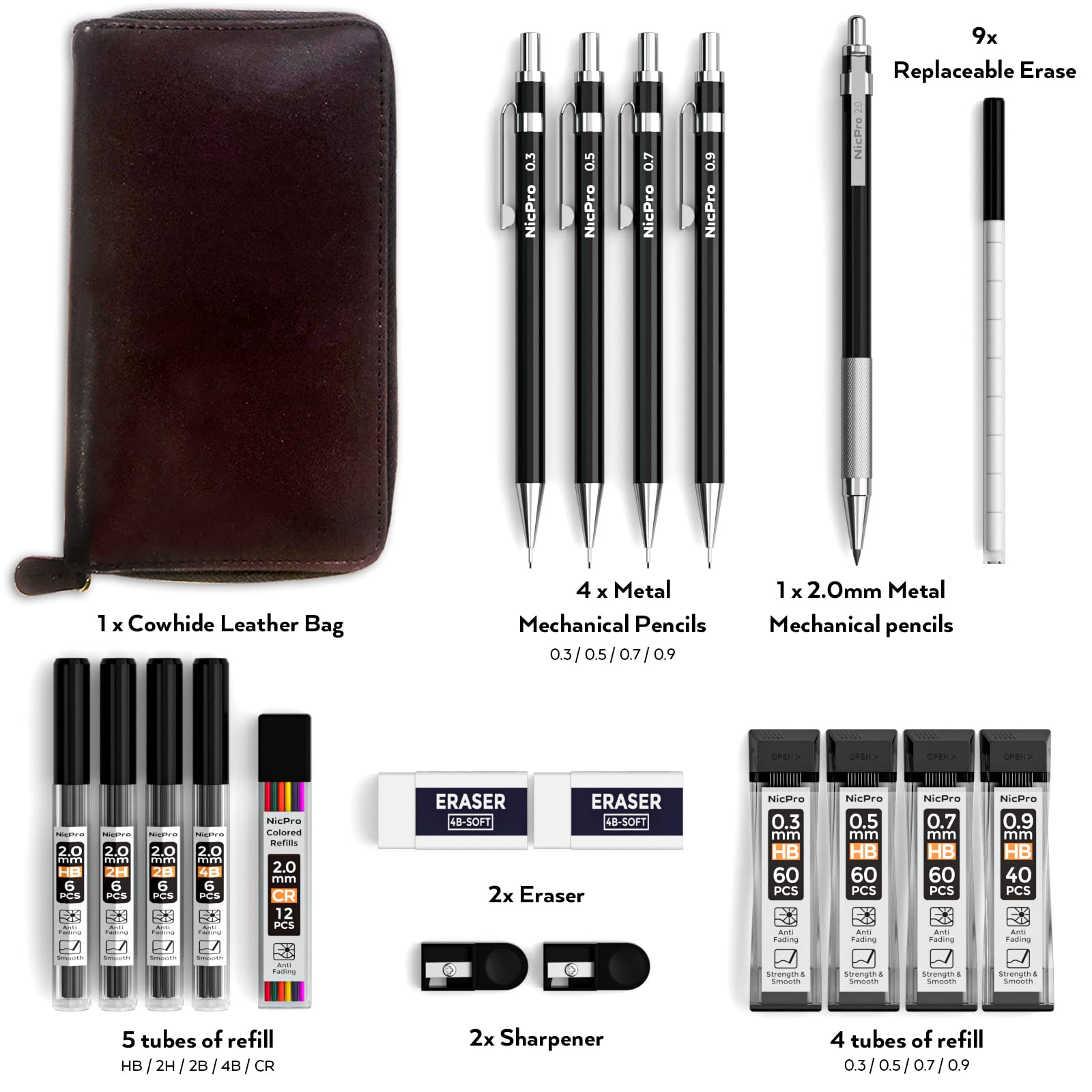 Nicpro 20PCS Black Metal Mechanical Pencil Set in Leather Case, 0.3, 0.5, 0.7, 0.9 mm & 2mm Lead Pencil Holders, (4B 2B HB 2H) Lead Refills (Black & Colors), Erasers For Art Drafting Sketching Drawing