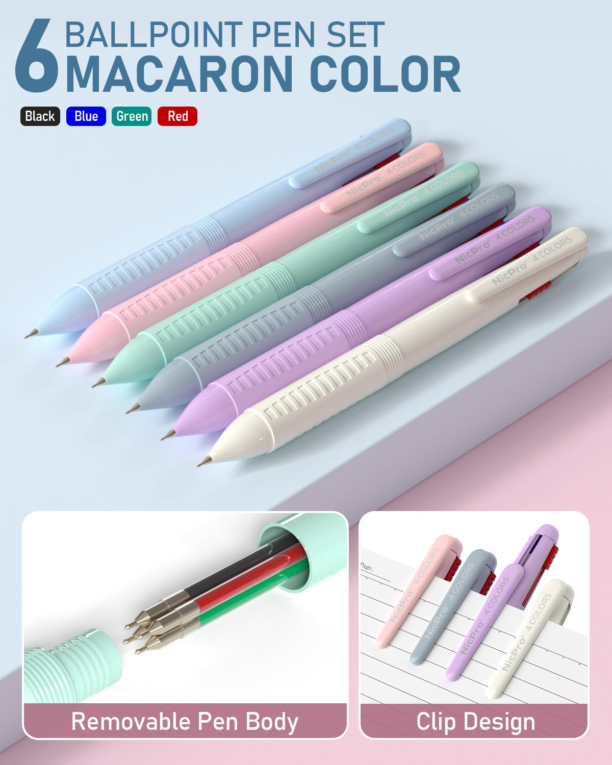 Nicpro 6 Pack Multicolor Pen in One, 4-IN-1 Multi Colored Pen, Fine Point Ballpoint Pen 0.5mm Cute Multi Ink Pens, 4 Color Pen in One for School, Student, Nurse Note Taking, Writing, Office Supplies