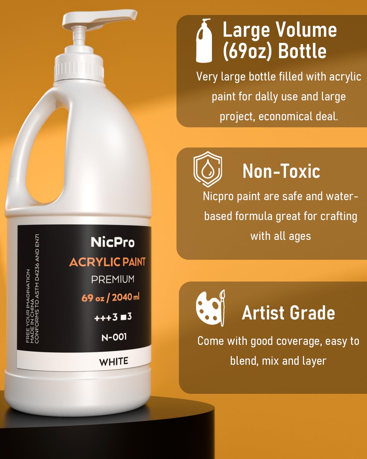 Nicpro 6 Colors Large Bulk Acrylic Paint Set (69 oz, 2040ml) Rich Art Painting Supplies Non Toxic for Multi Surface, Canvas, Wood, Leather, Fabric Stone Craft, for Kid & Adult with Pump, Color wheel