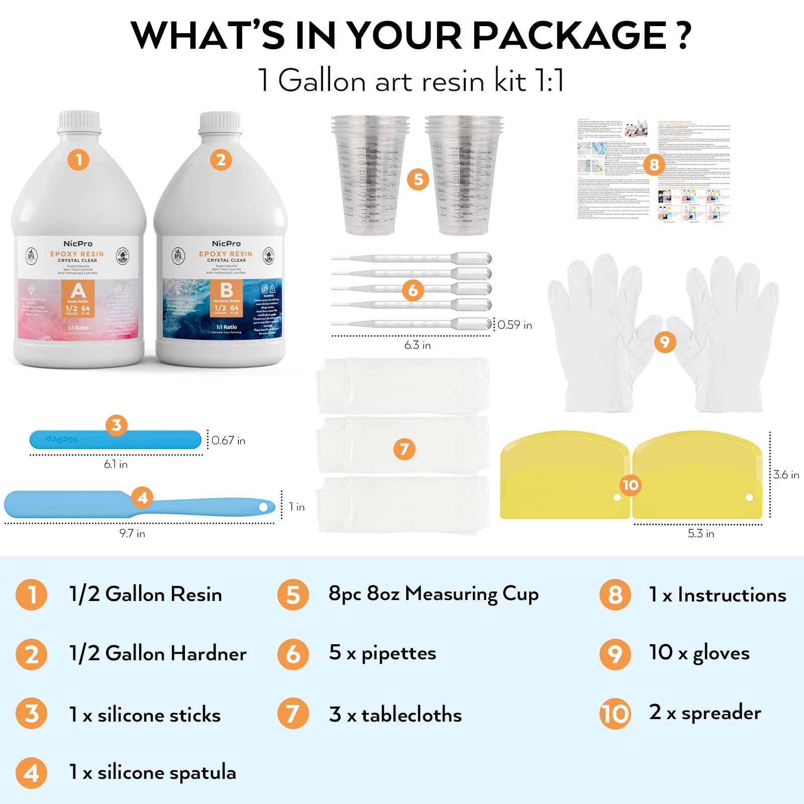 Nicpro 1 Gallon Crystal Clear Epoxy Resin Kit, Casting and Coating Art Resin Supplies for Craft Tabletop, Jewelry Making, Molds, Bar Top with 24 Mica Powder, Gold Foil Flakes, Measuring Cups, Sticks