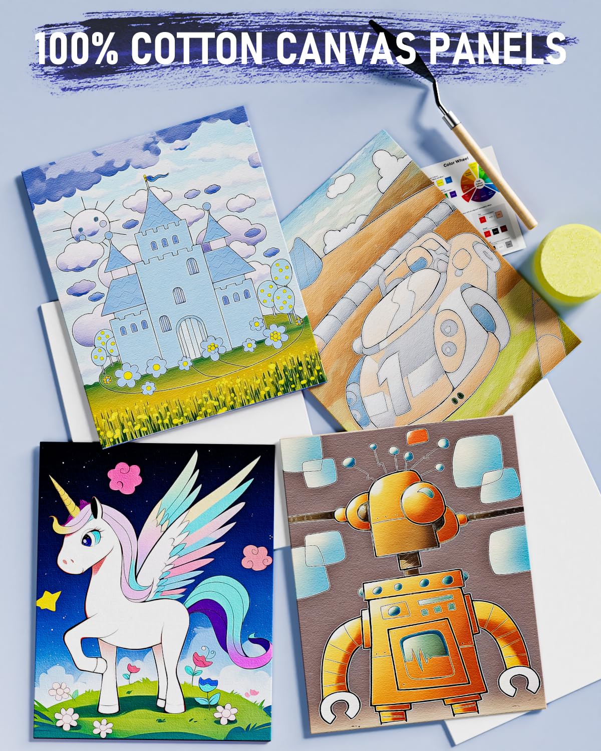 Nicpro 34PCS Kids Acrylic Paint Set with Pattern Canvas, Art Painting Supplies Kit with 12 Paints, 10 Brushes, 6 Canvas Panels, Table Easel, Paper Pad,Color Wheel,Palette for Beginner Student Toddlers