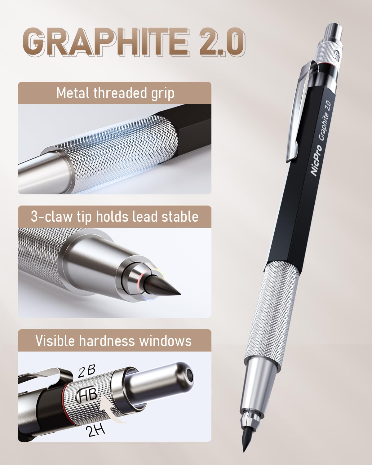 Nicpro 35PCS Art Mechanical Pencil Set, 3 PCS Metal Drafting Pencil 0.5 mm & 0.7 mm & 0.9 mm & 3 PCS 2mm Lead Holder (6B 4B 2B HB 2H 4H Colors) For Sketching Drawing With 20 Tube Lead Refills Case