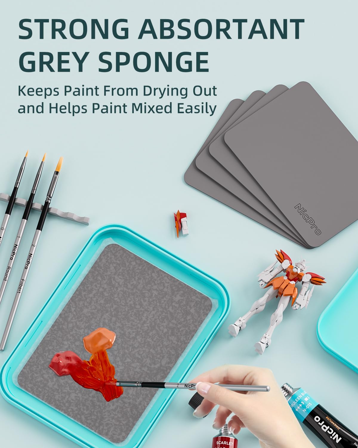Nicpro Stay Wet Palette for Acrylic Miniature Painting Kit, Paint Tray Palettes with 100Pcs Pallet Paper, 4Pcs Sponge, Brush Holder Paint Mixing Storage